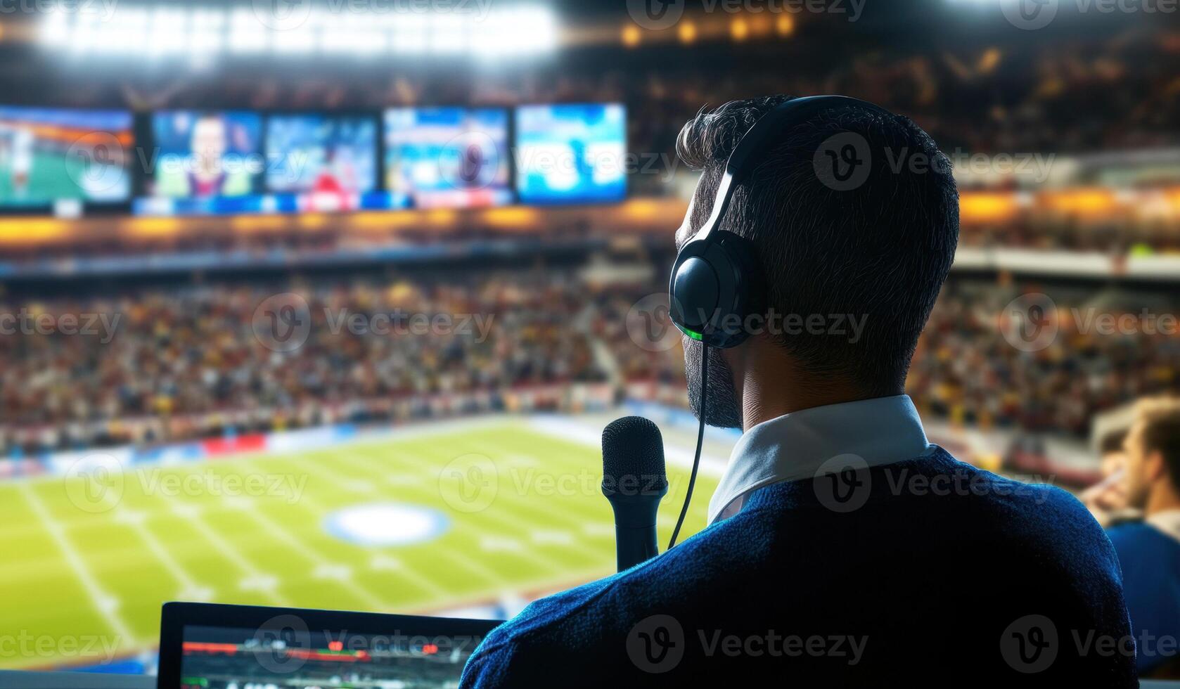 Sports commentator prepares for live broadcast at stadium event photo
