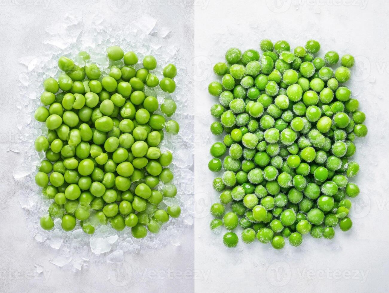 Fresh and frozen green peas on a surface with ice photo