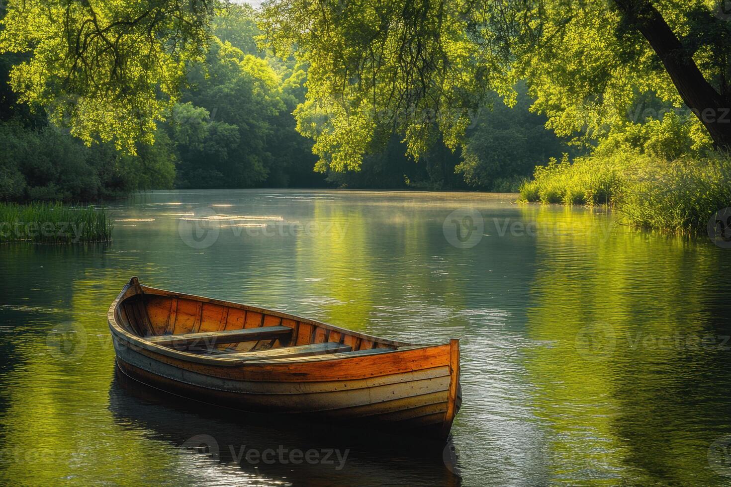 Serene wooden boat on tranquil river surrounded by lush trees photo