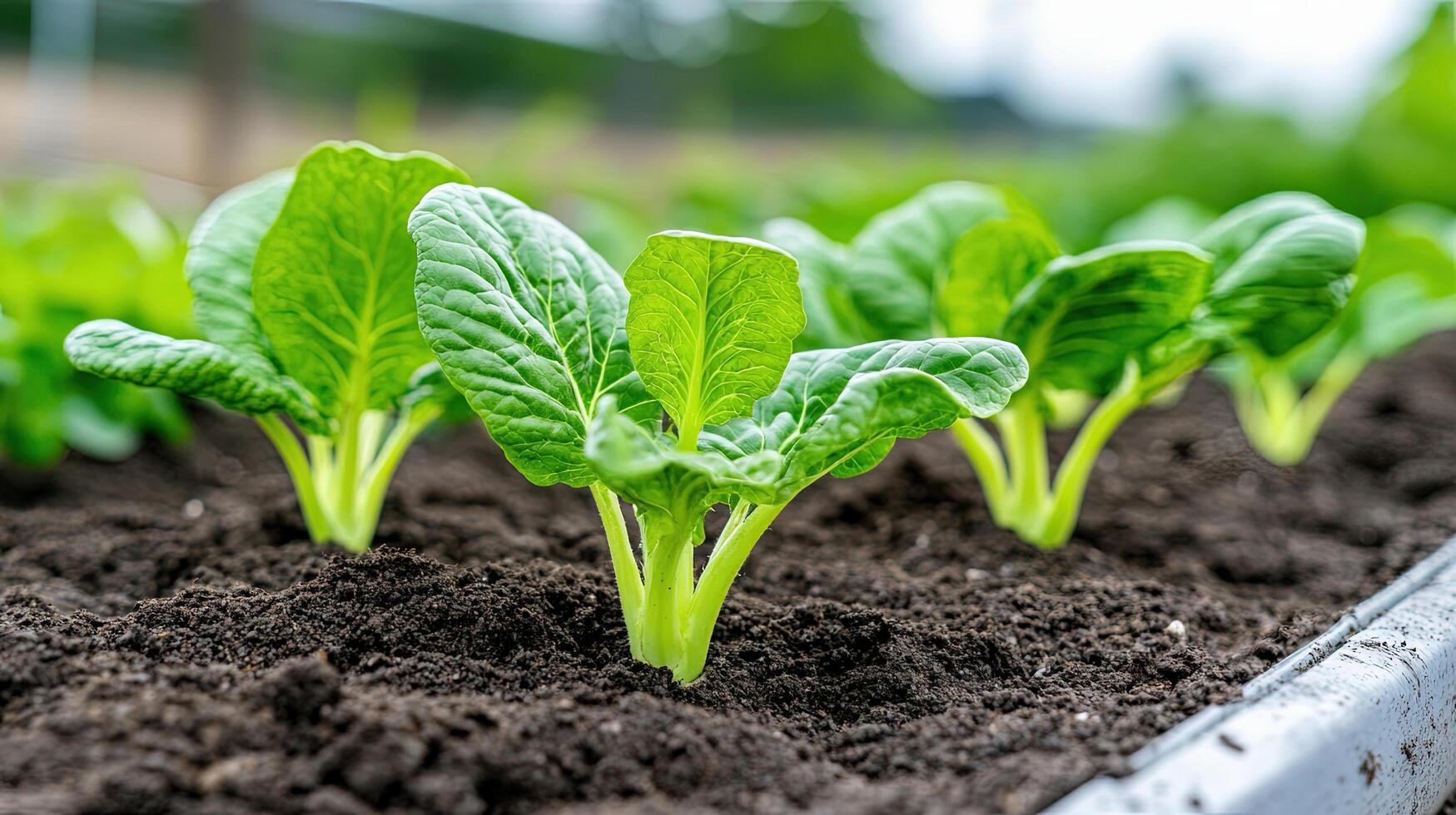 Fresh Green Lettuce Seedlings Growing in Organic Garden Soil photo