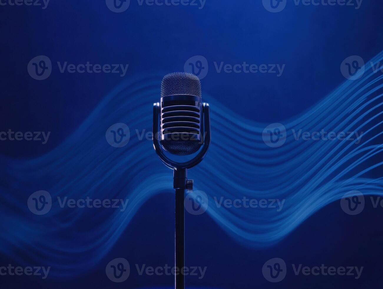 Vintage microphone with sound waves in a blue background photo