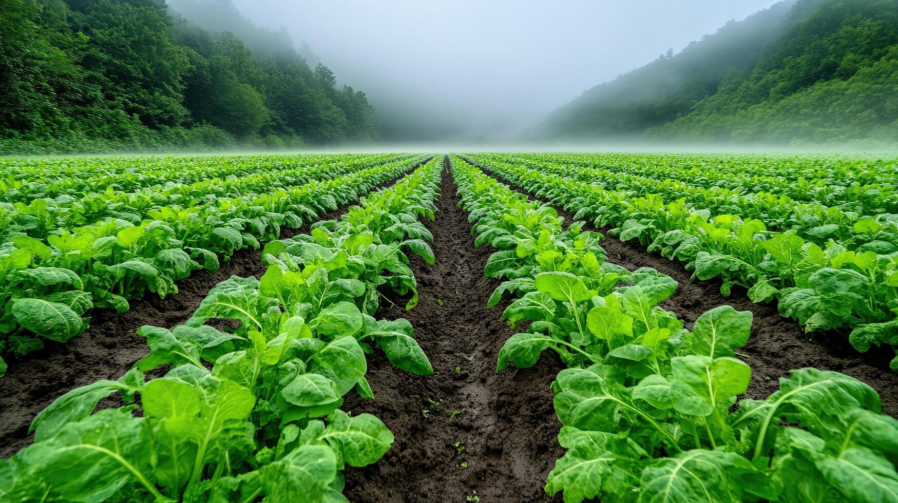 Lush Green Vegetables Growing in Misty Field at Dawn photo