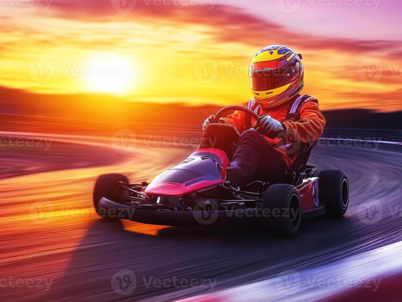 Go-kart racing at sunset on a winding track photo