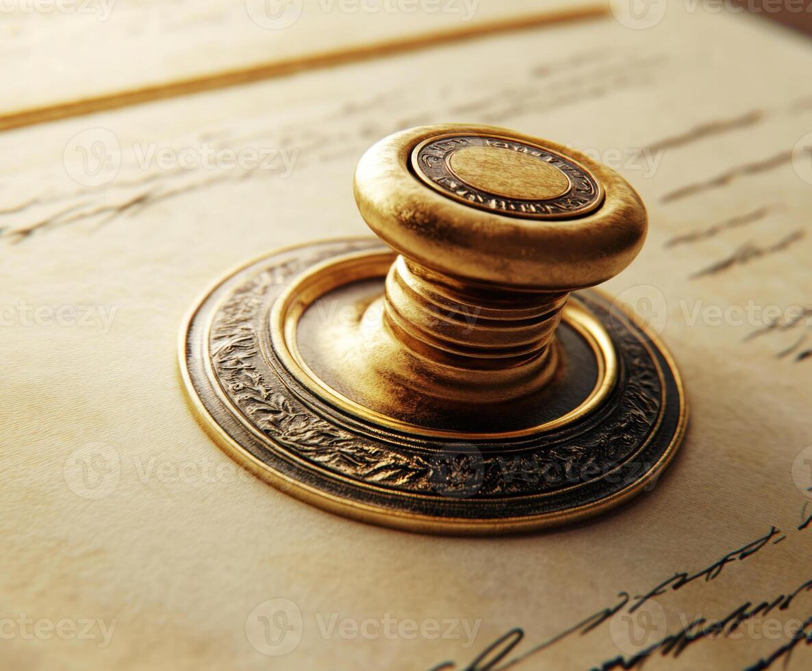 Wax seal resting on aged parchment document in warm light photo
