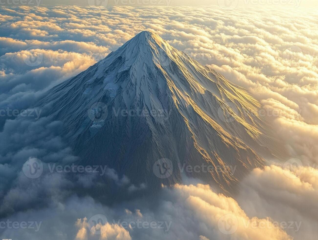 Majestic mountain peak rises above soft, golden clouds at sunset photo