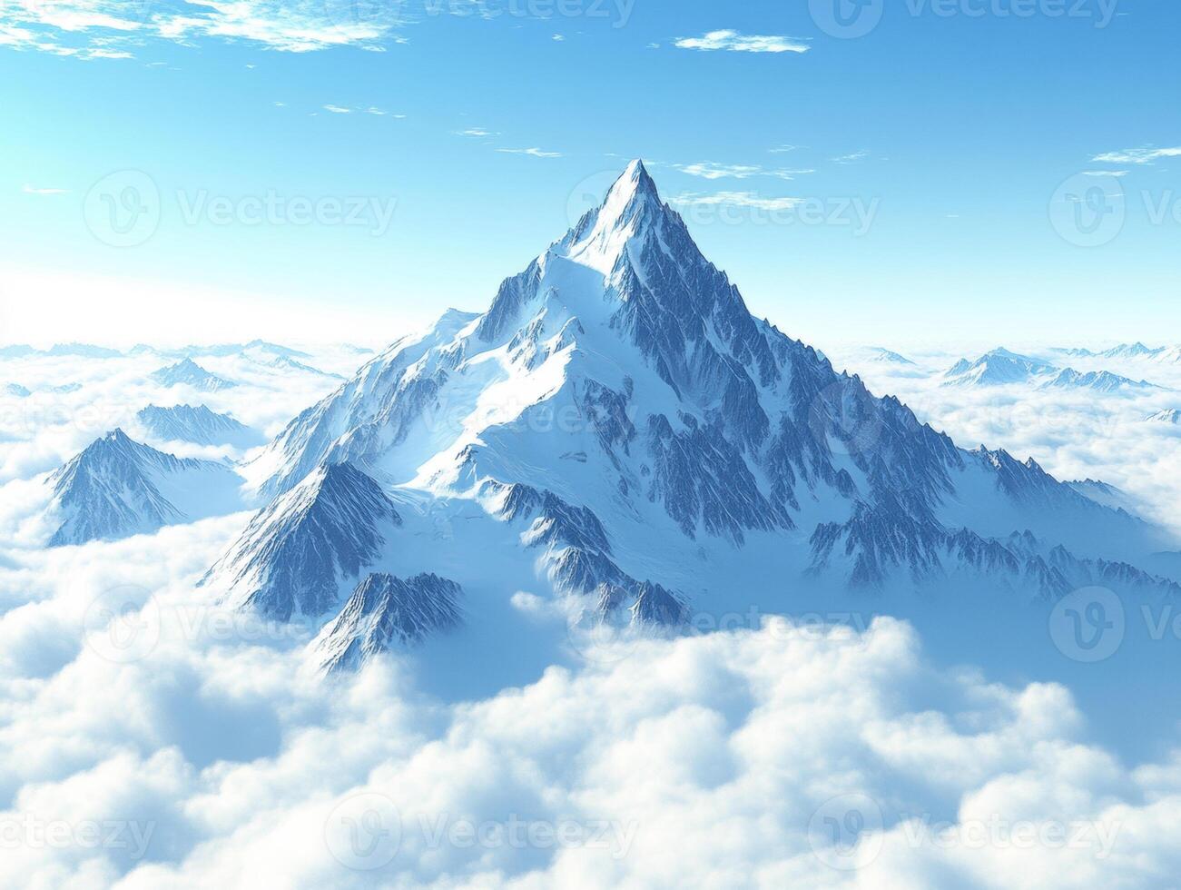 Snowy mountain peak rises above clouds in clear blue sky photo