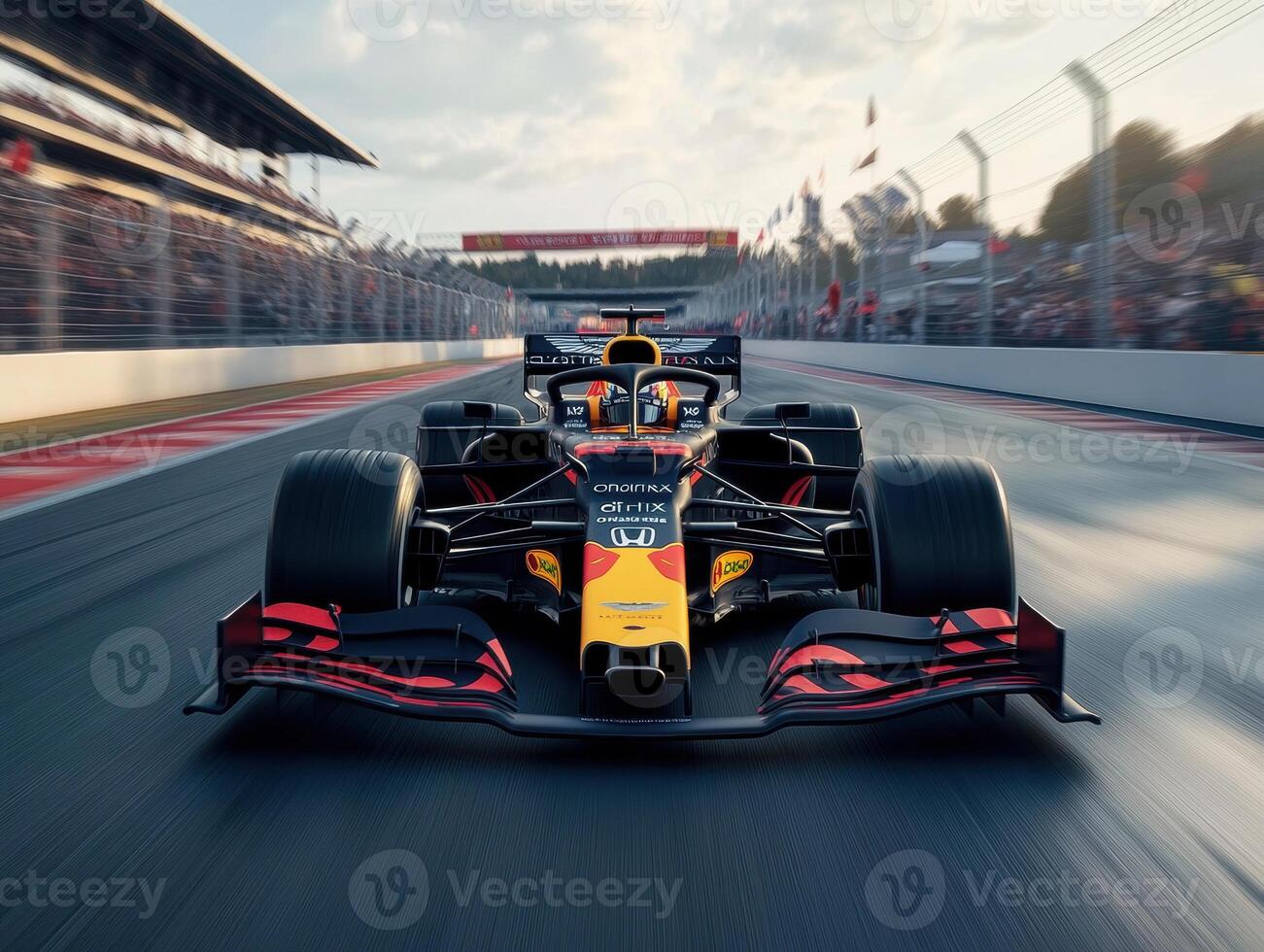 Fast racing car speeding down the track during daylight photo