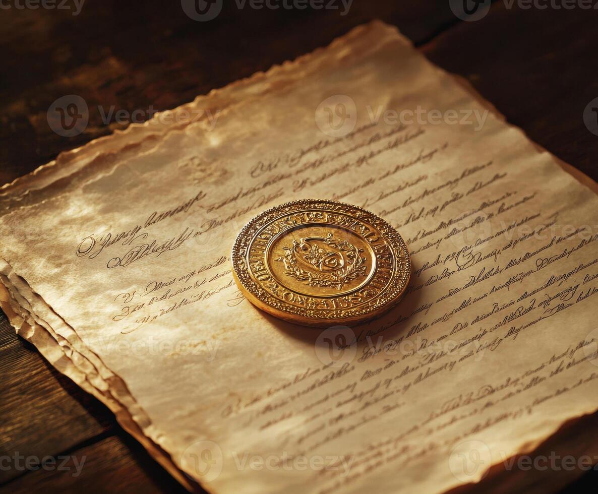 Ancient seal resting on historical parchment with intricate details photo