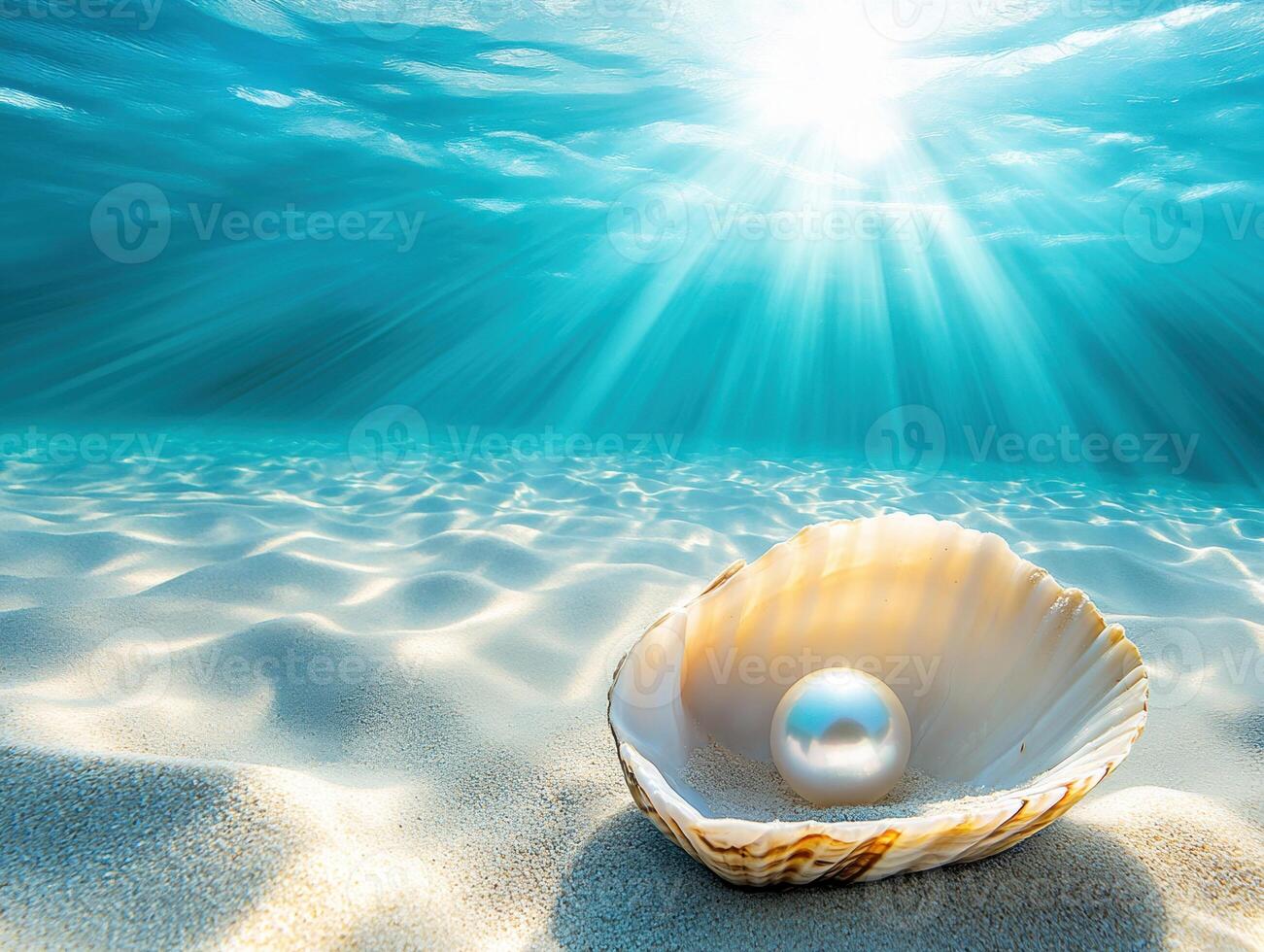 Underwater scene with a shell and pearl illuminated by sunlight photo