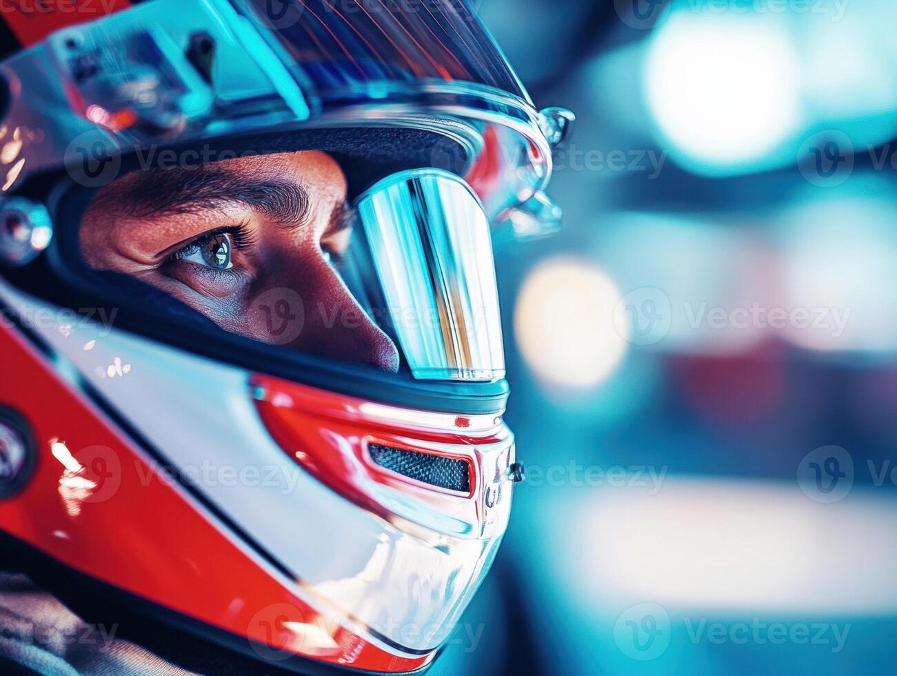 Close-up of a race car driver preparing for a race at the track photo