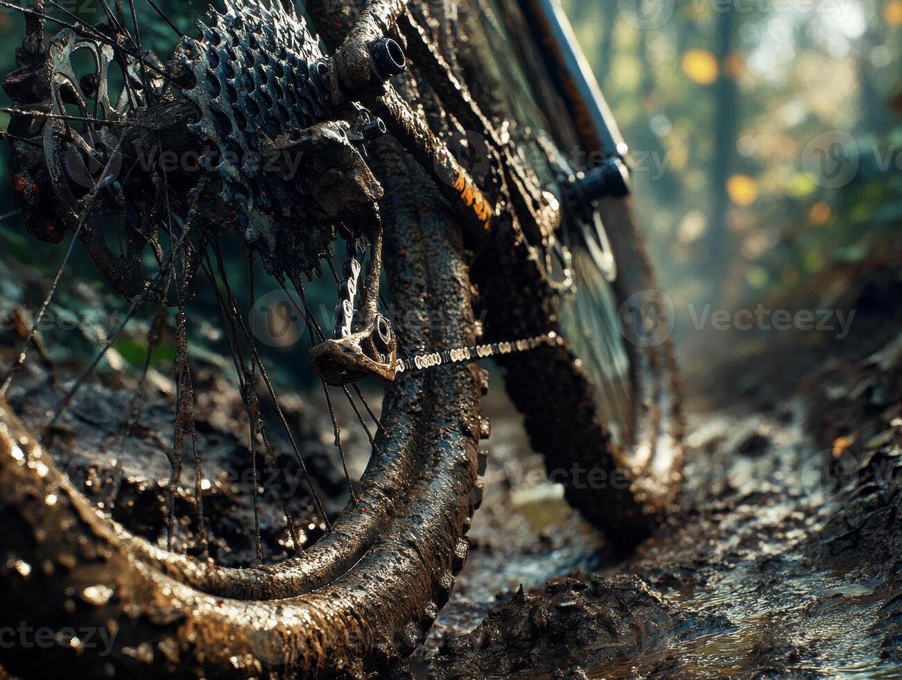 Mountain bike navigating through muddy trail in forest setting photo