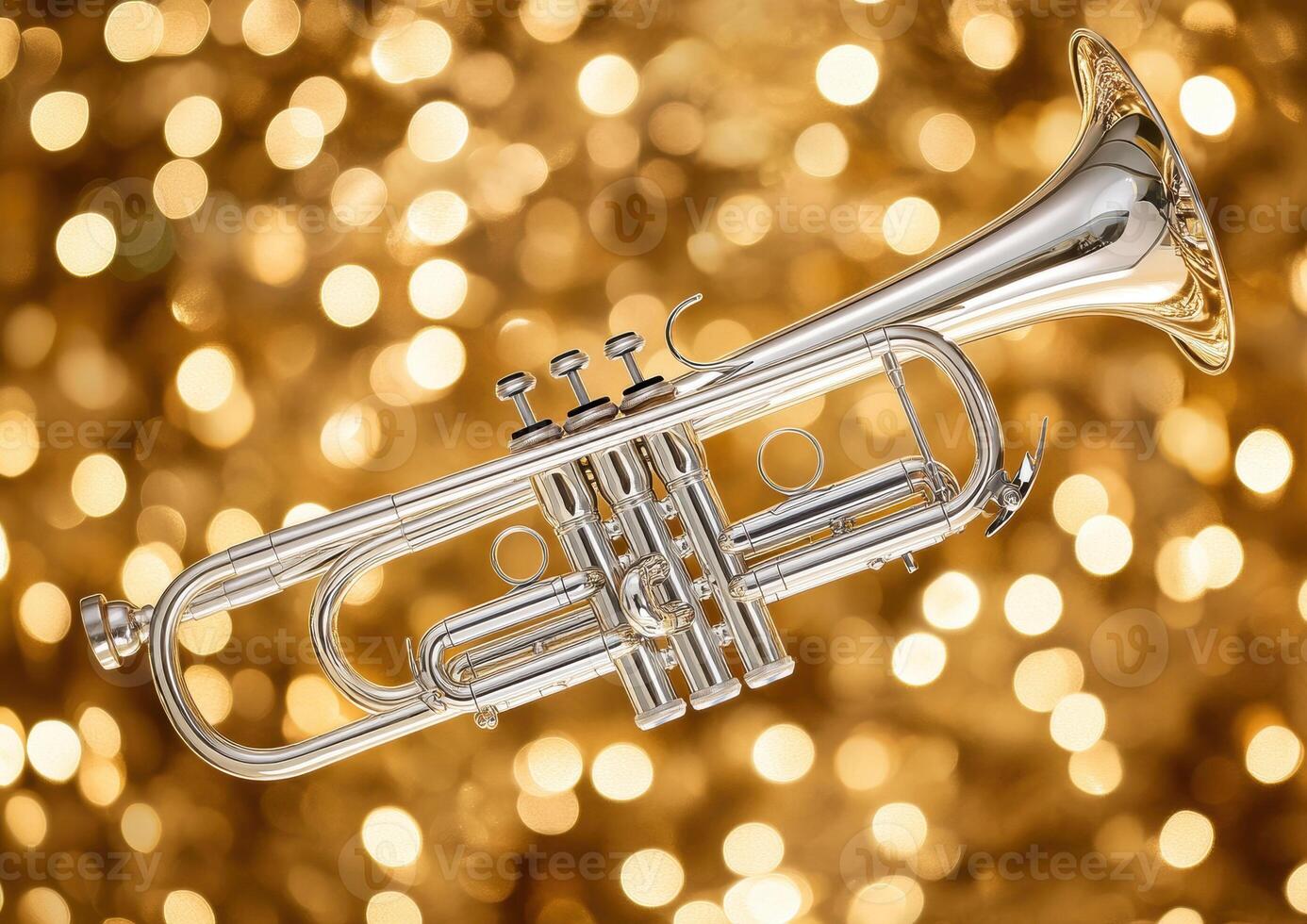 Shiny trumpet on a sparkling golden background photo