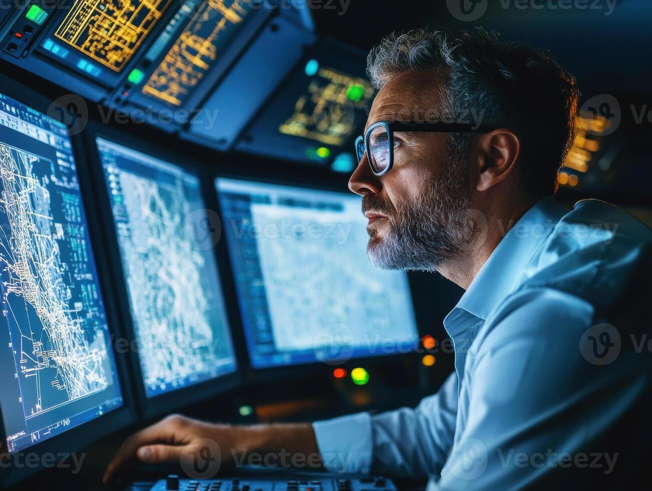 Expert analyzing data on multiple monitors in a control room photo