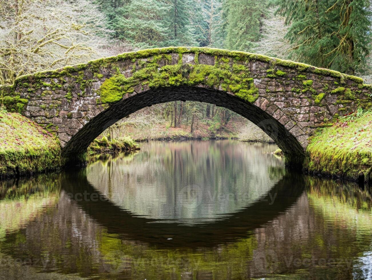 Historic stone bridge over tranquil water in a forest landscape photo