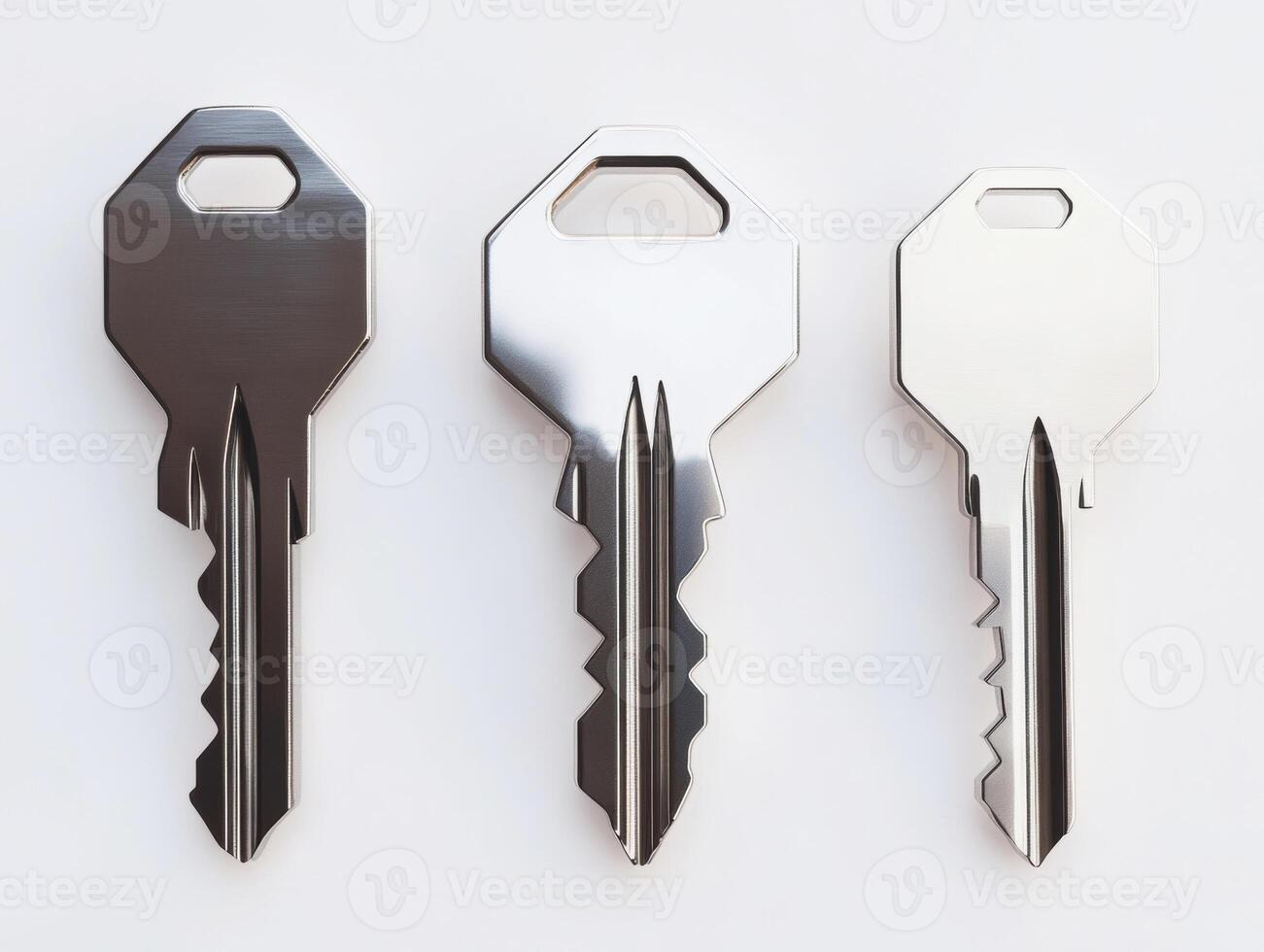 Different styles of keys on a flat white surface showing details photo