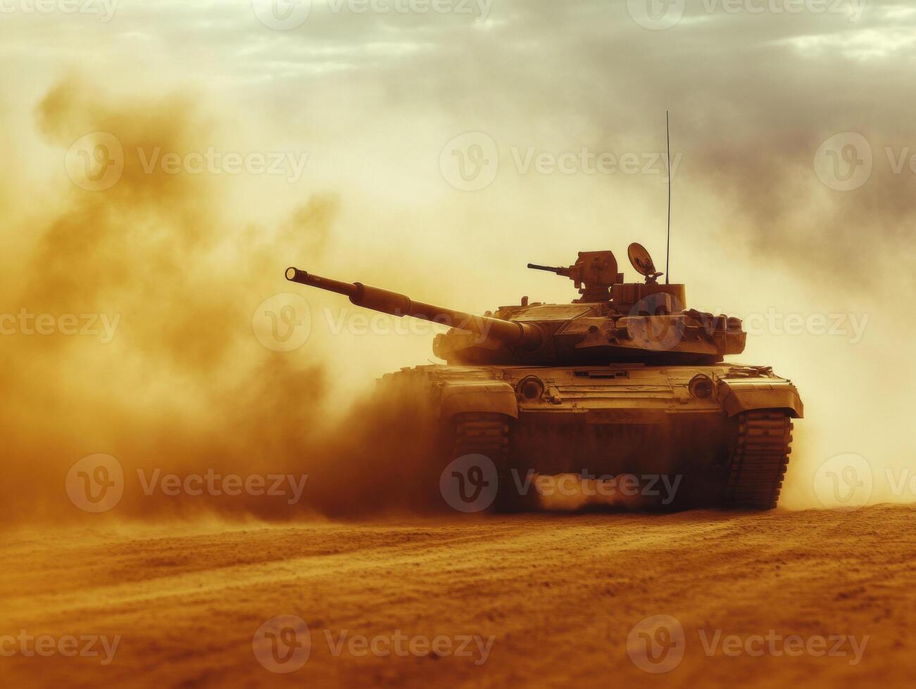 Military tank maneuvers through dusty terrain during sunset photo
