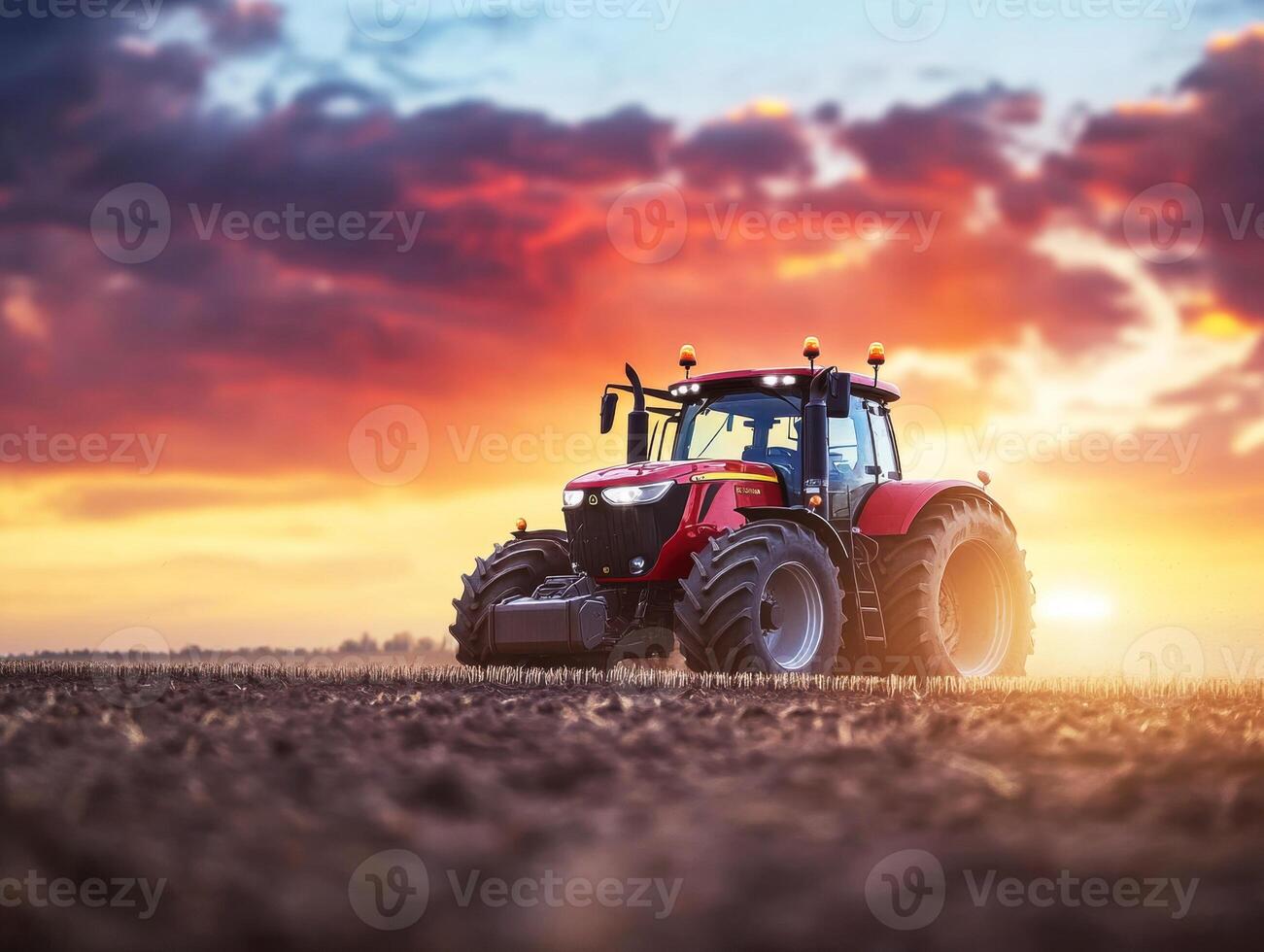 Tractor working in a field at sunset with vibrant colors photo