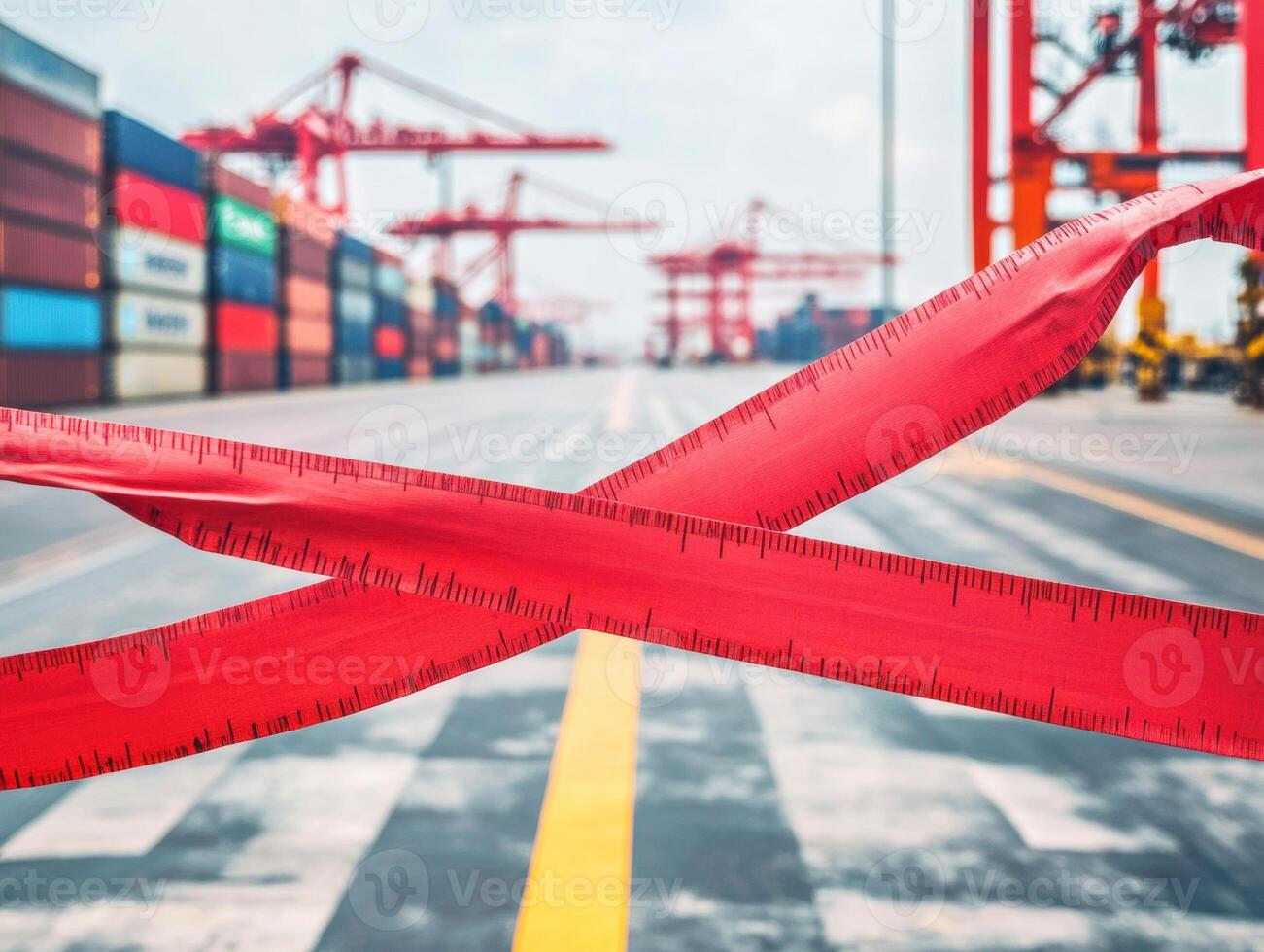 Shipping containers are restricted by red tape at busy port photo