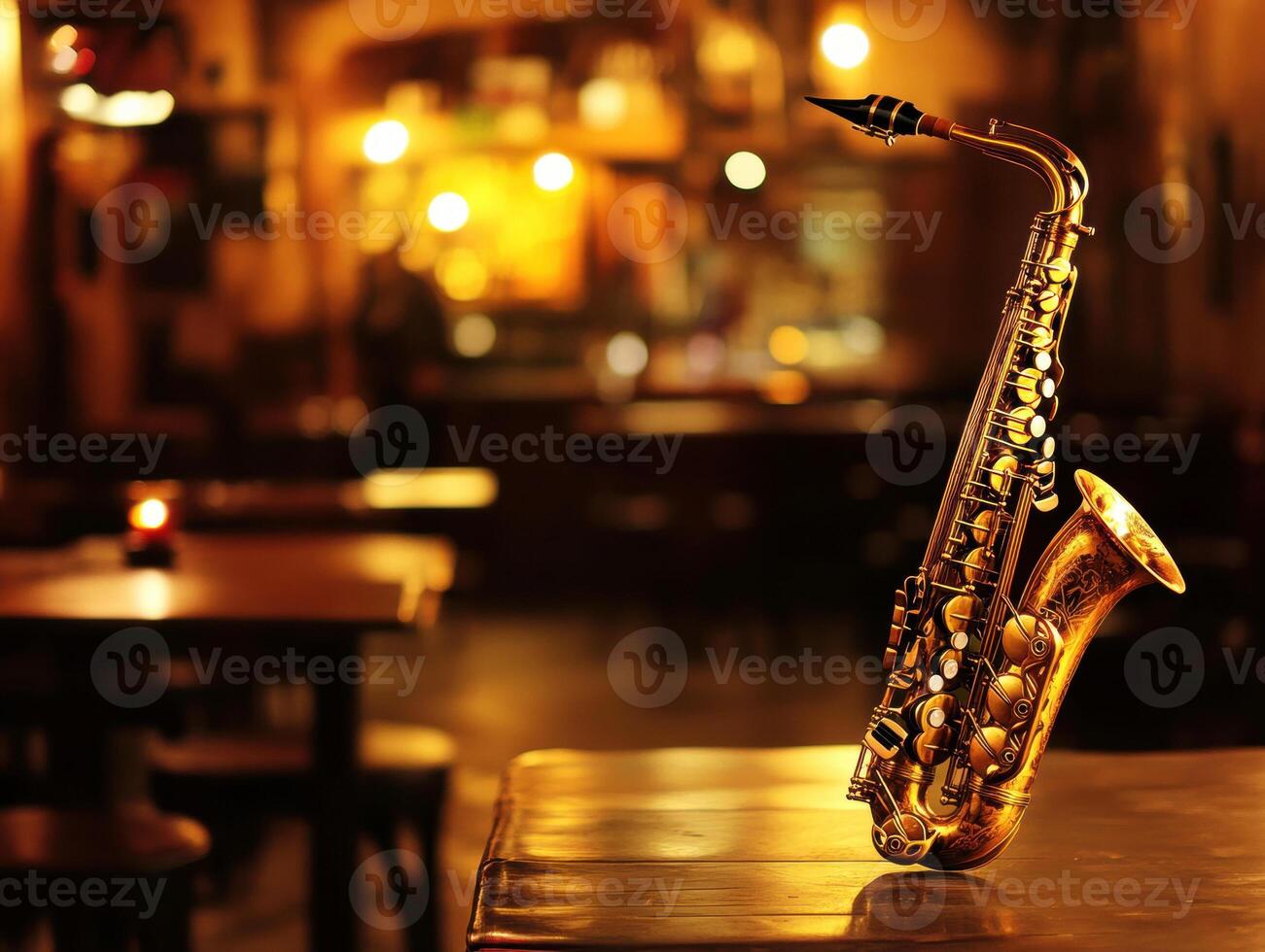 Saxophone resting on a table in a cozy jazz club atmosphere photo