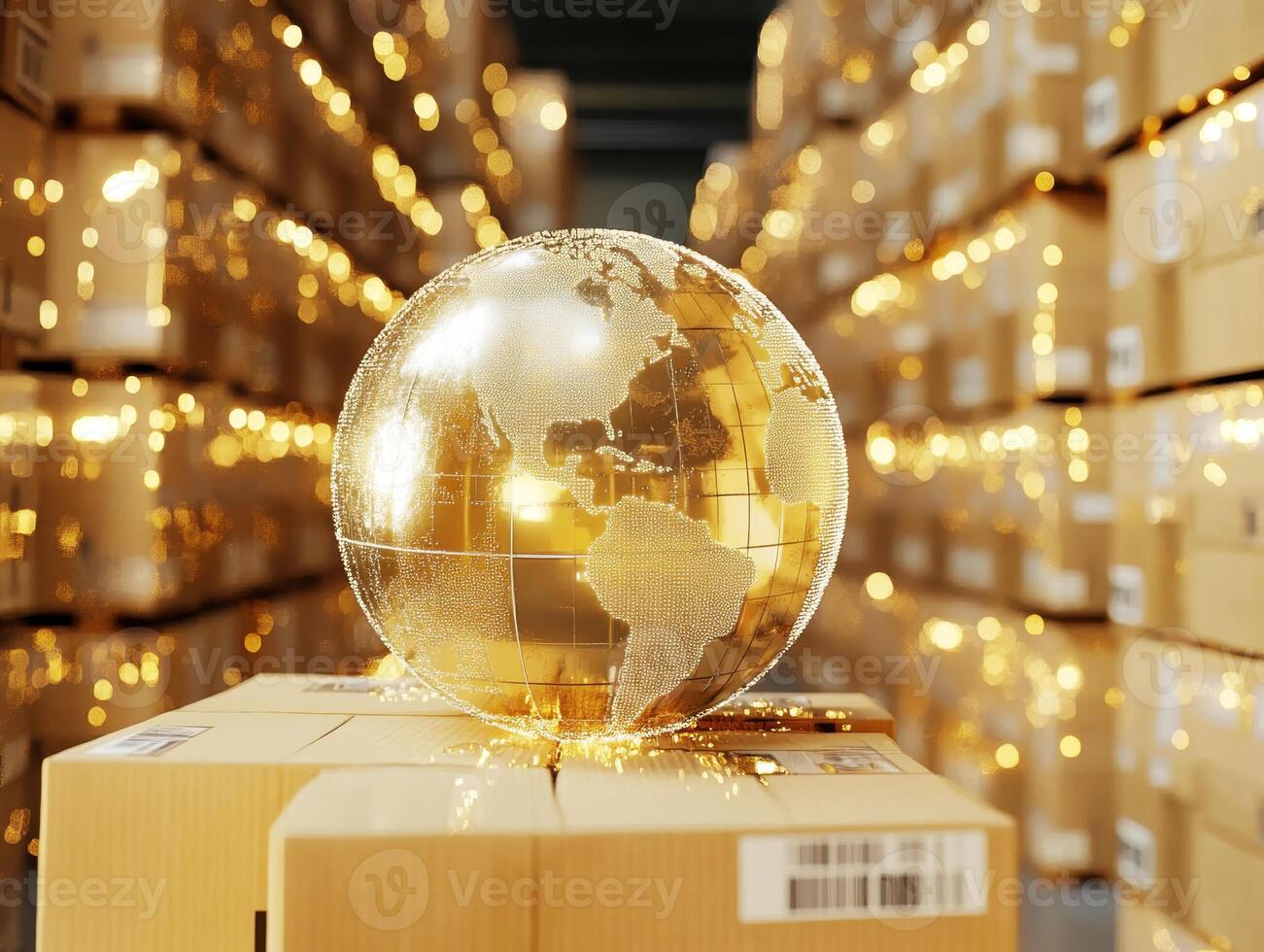 Golden globe on boxes in a storage facility showcasing global trade photo