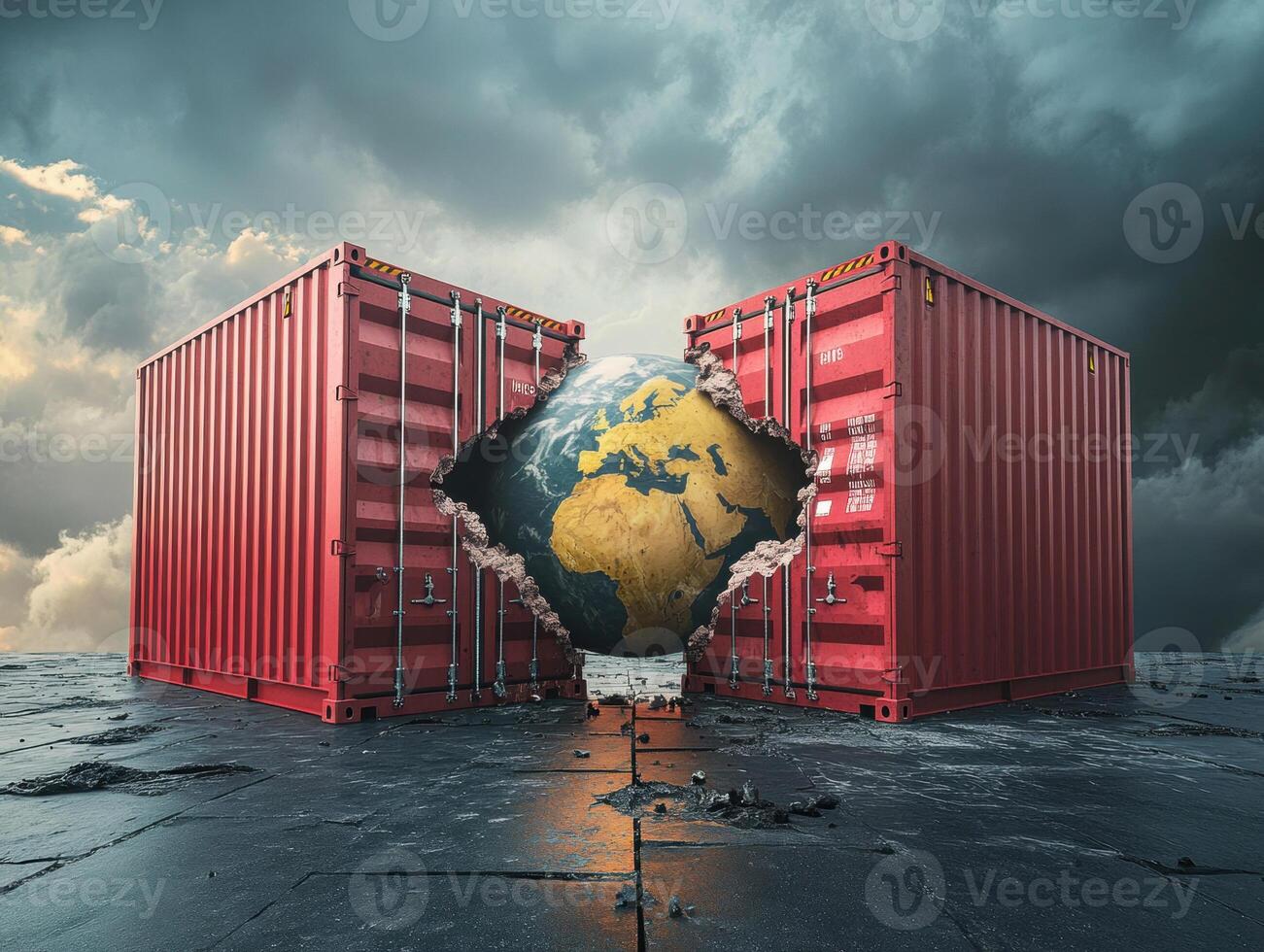 Containers reveal globe in dramatic stormy landscape photo