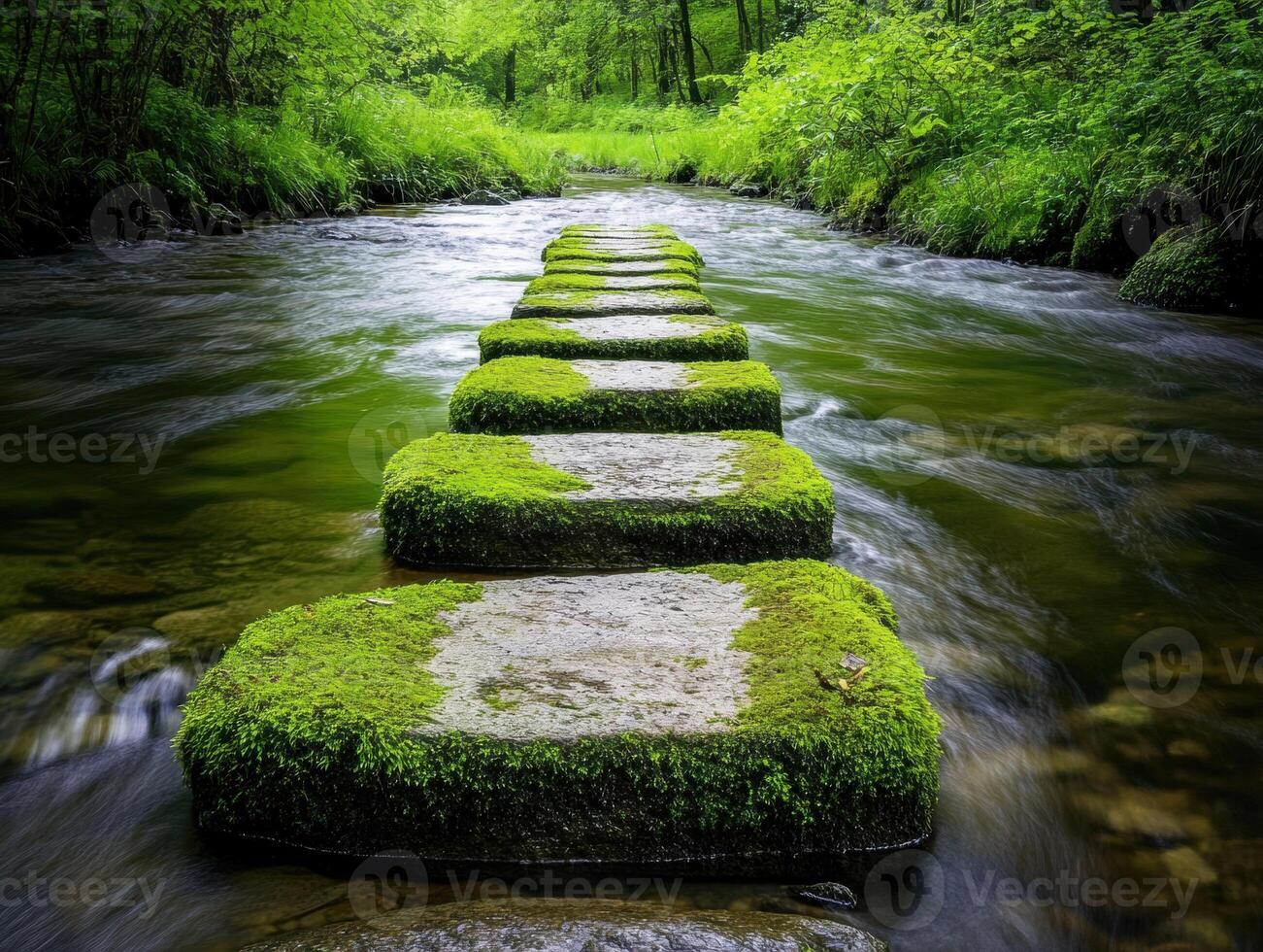 Stepping stones through a tranquil stream in a lush green forest photo