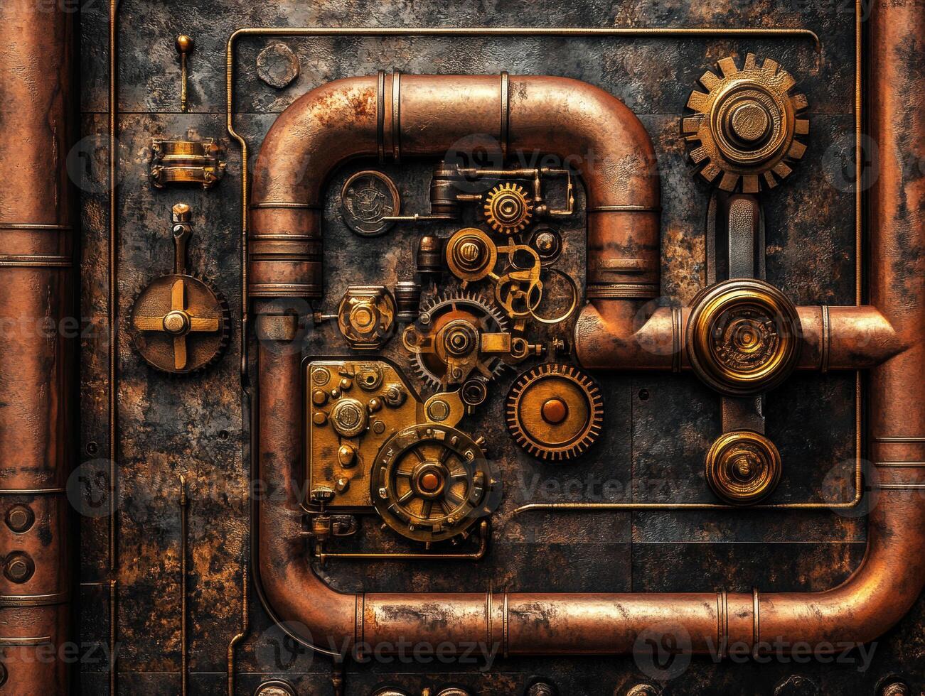 Rusty gears and pipes display intricate steampunk design photo