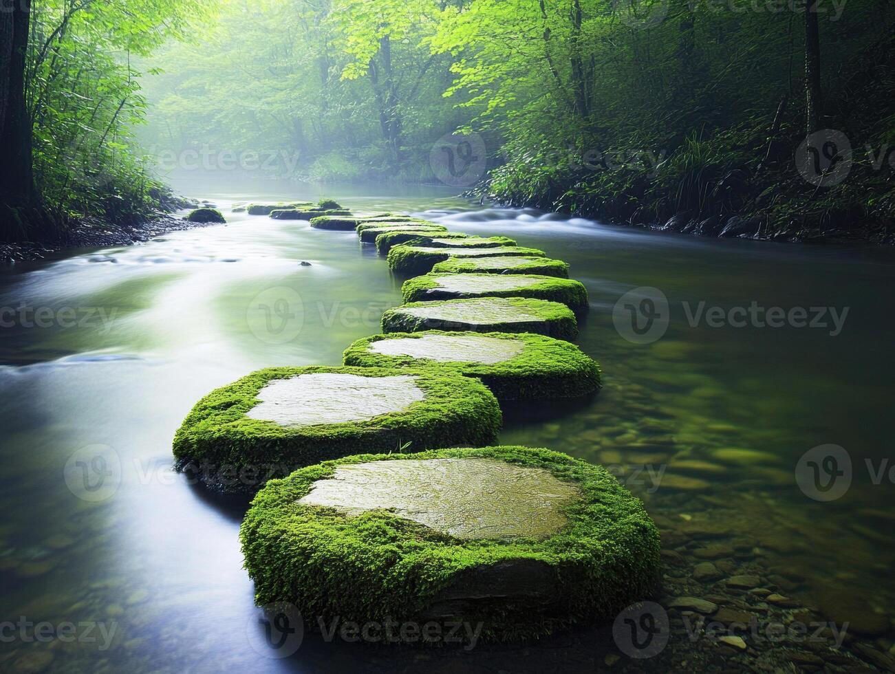 Moss-covered stones create a serene pathway across a gentle stream photo