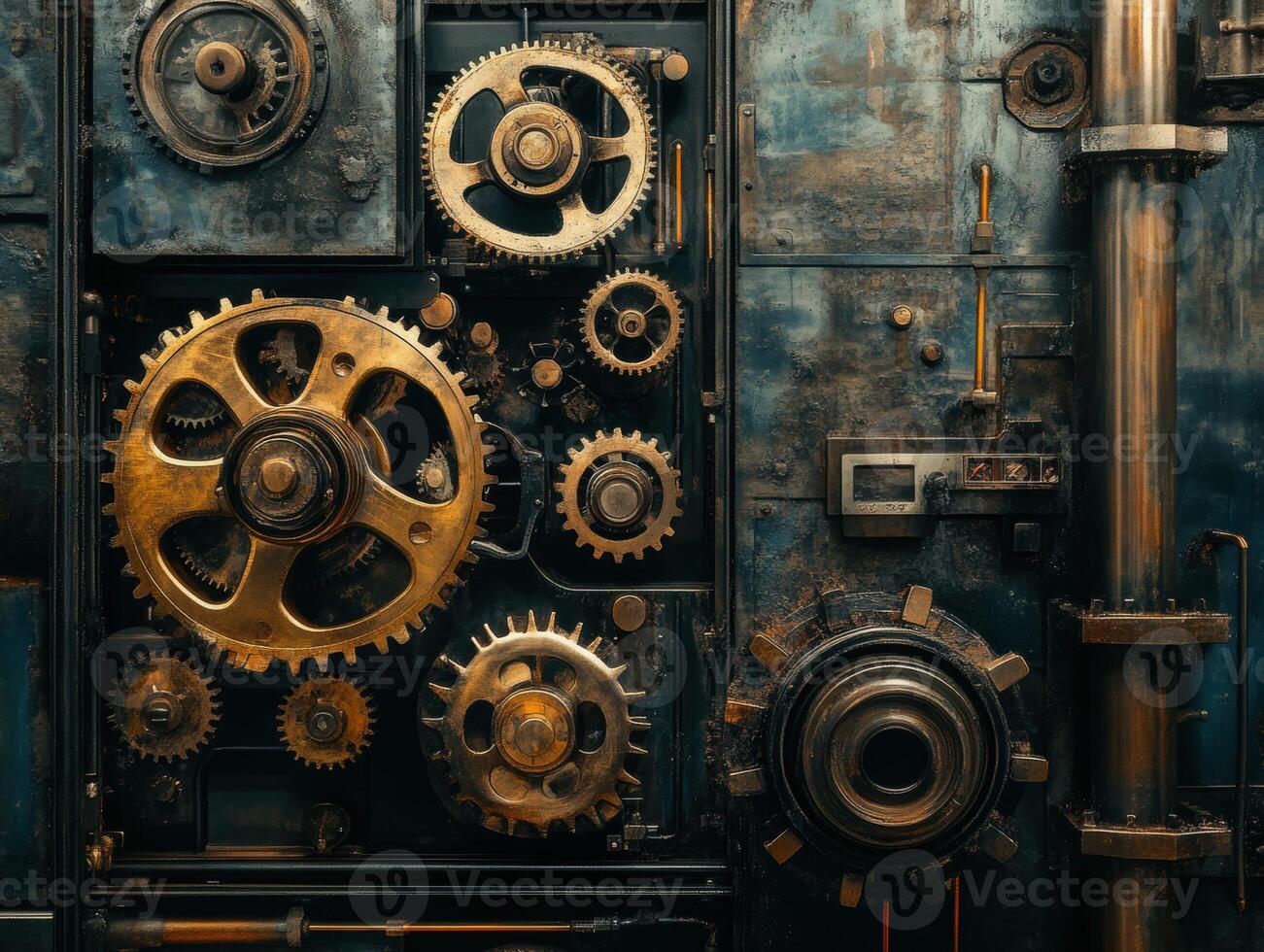 Intricate arrangement of vintage gears on a weathered machine photo