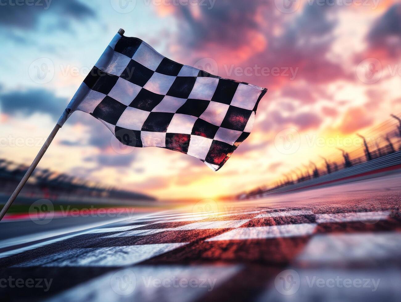 Checkered flag waves at sunset after a thrilling race finish photo