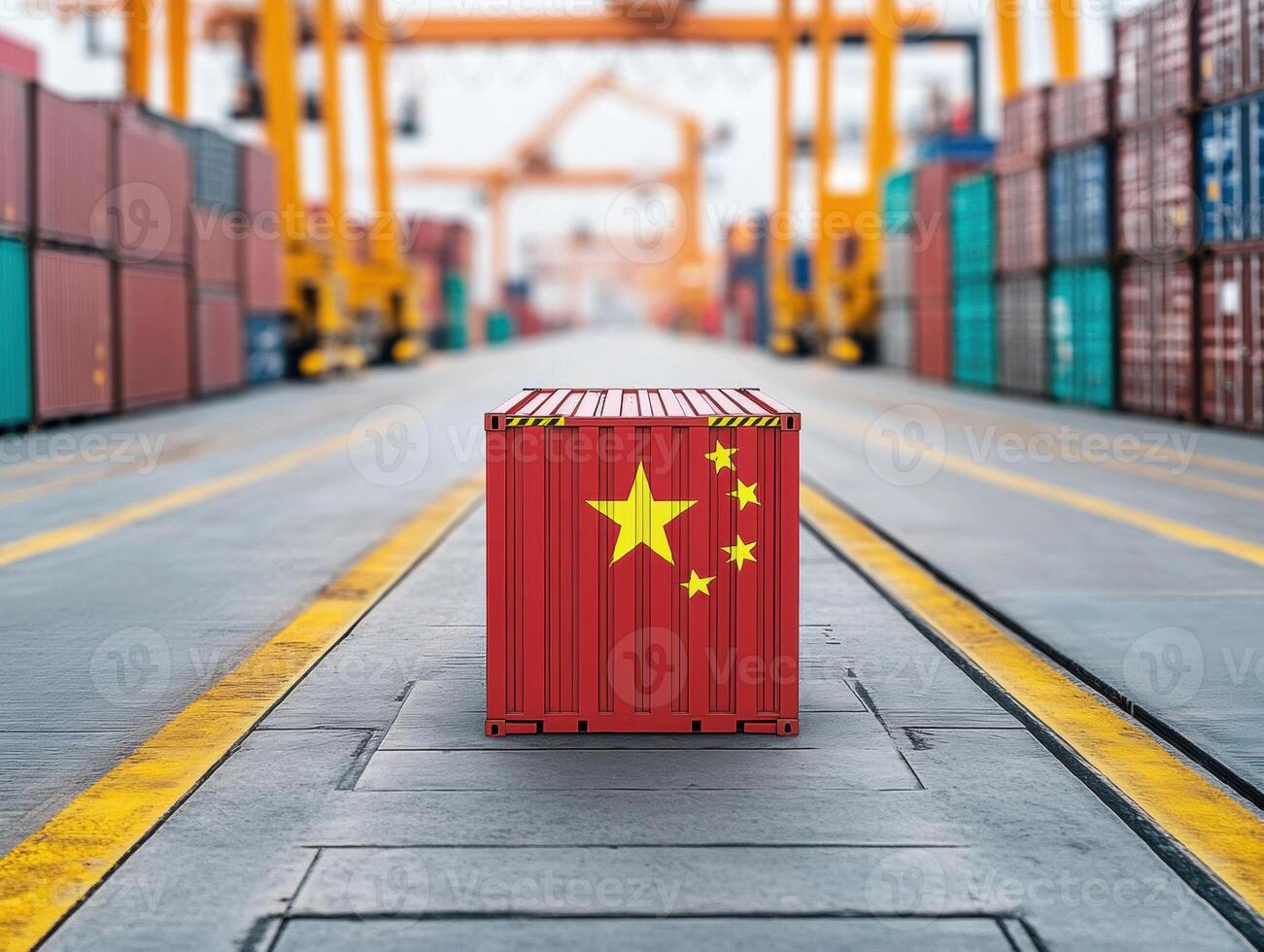 Shipping container with China flag at busy port terminal photo