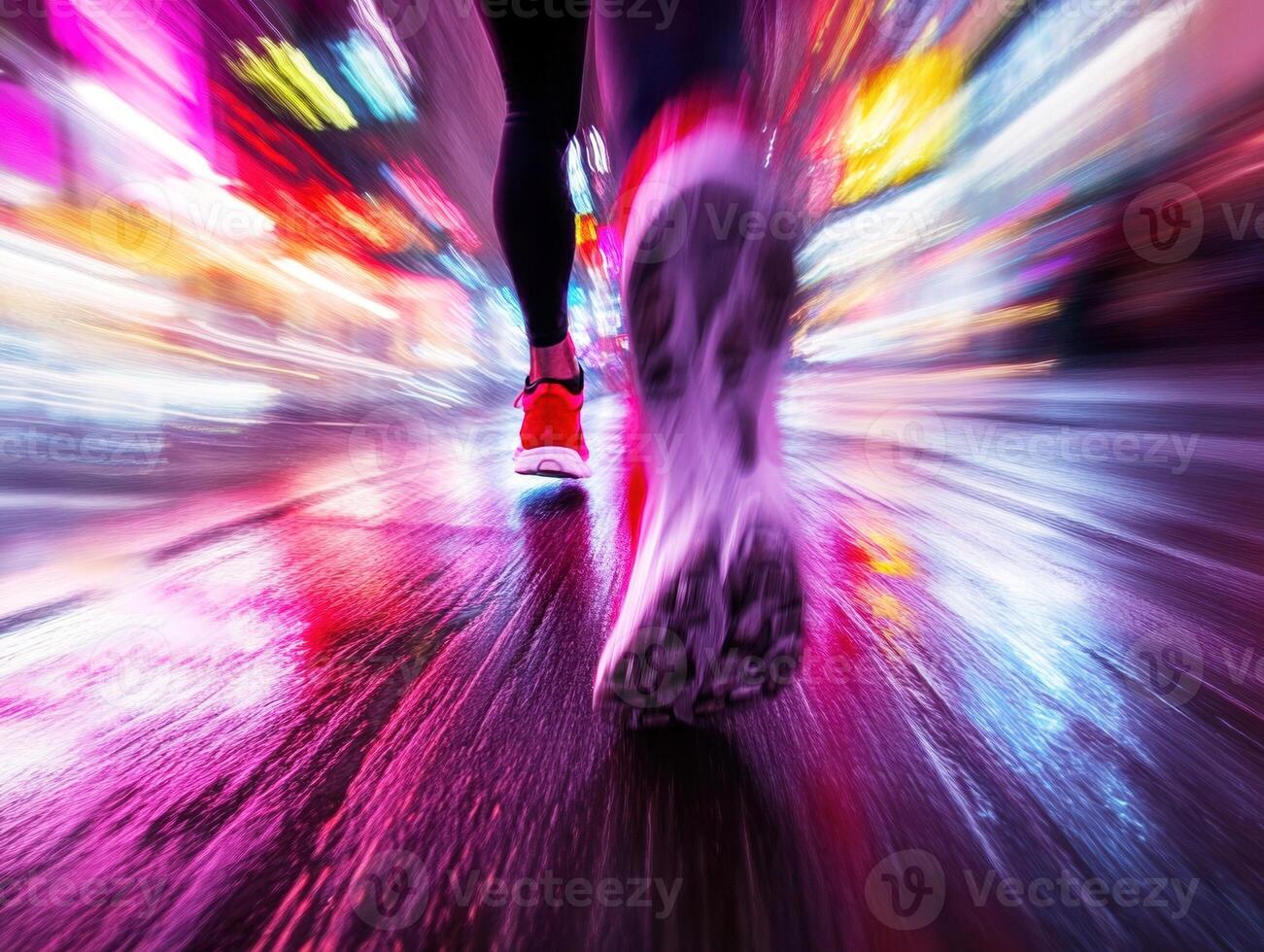 Nighttime runner navigating vibrant city streets after rain photo