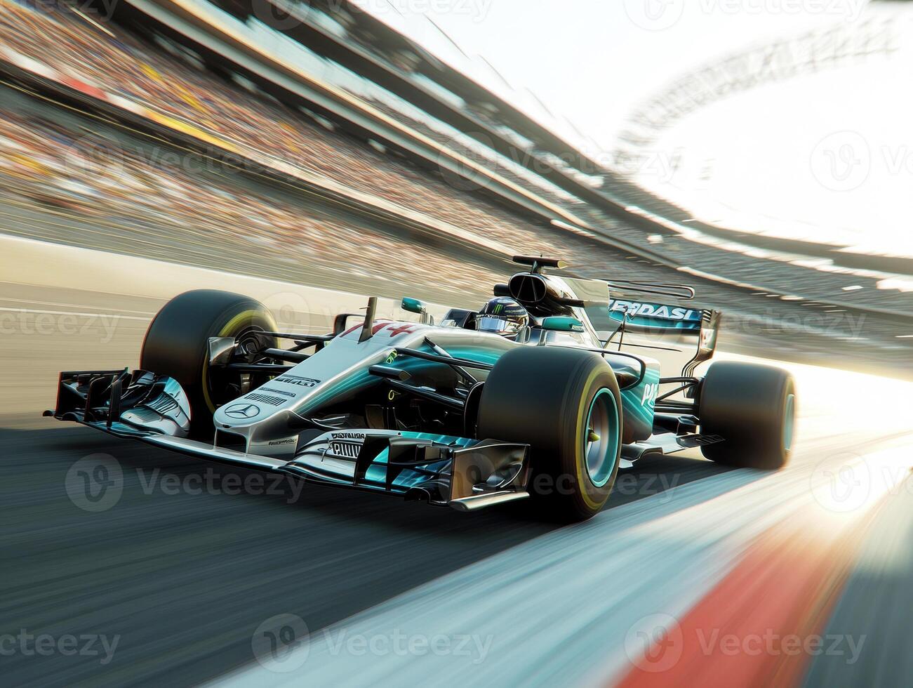 Fast car racing at sunset on a professional racetrack photo