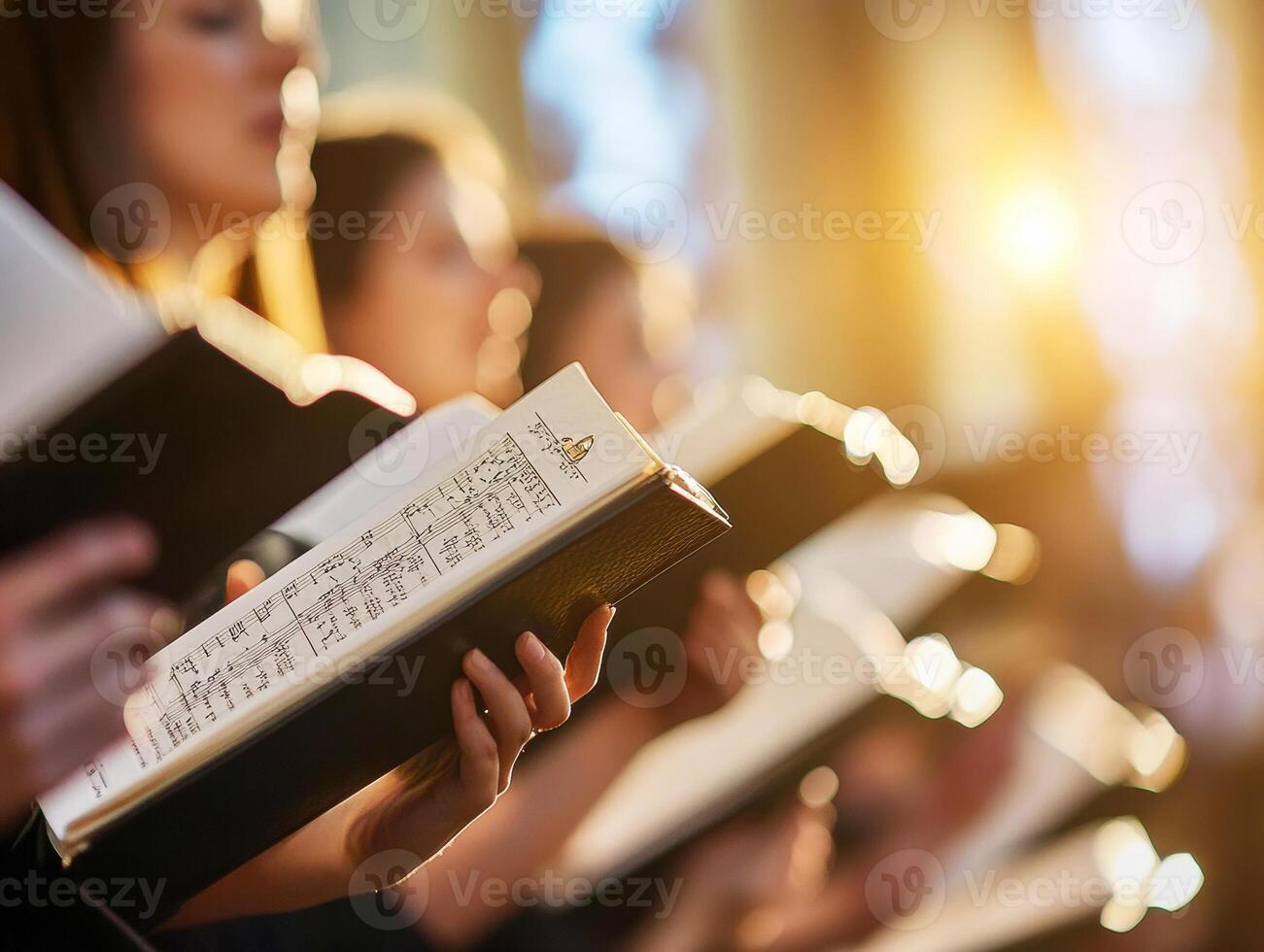Choir members sing with music books in a warm sunlight setting photo