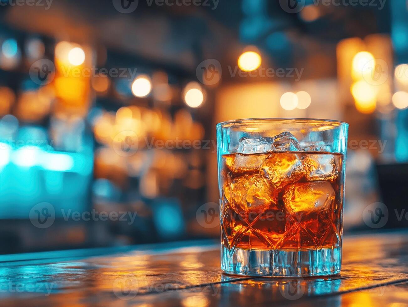 Elegant glass of whiskey on the rocks displayed in a bar setting photo