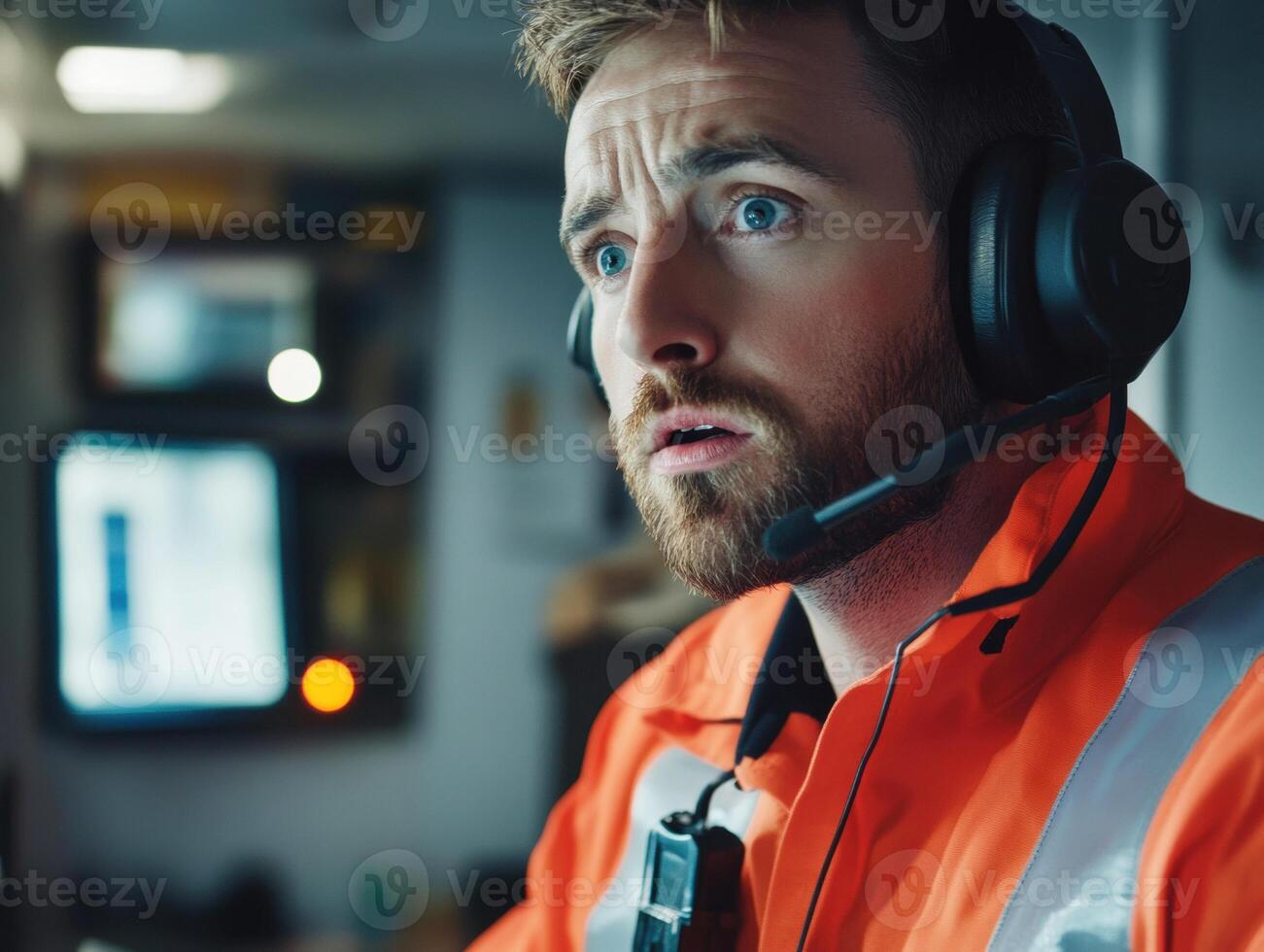Surprised technician monitoring operations in safety gear photo