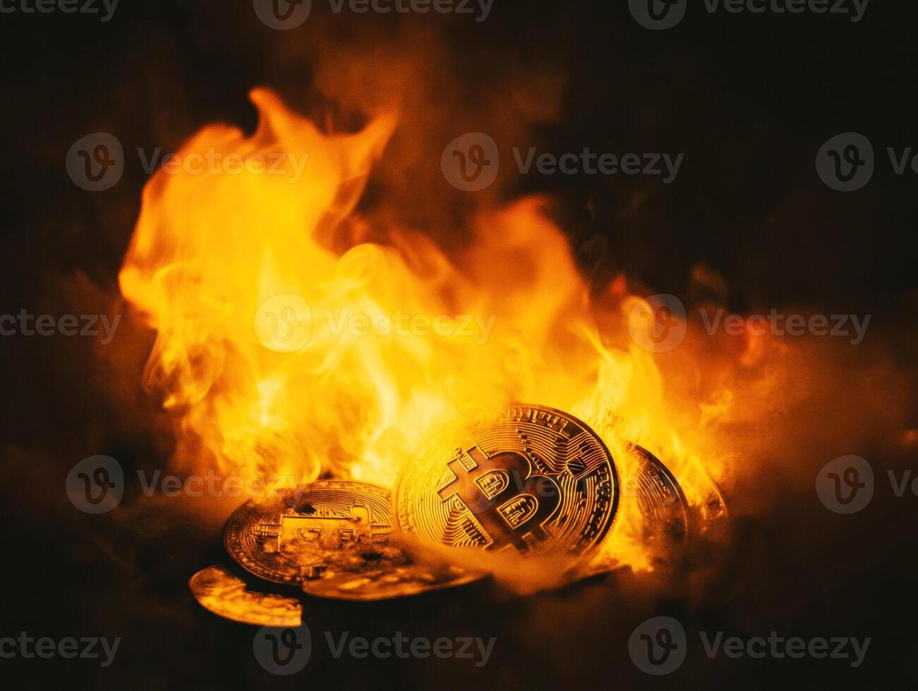 Bitcoin coins engulfed in flames creating a dramatic effect photo