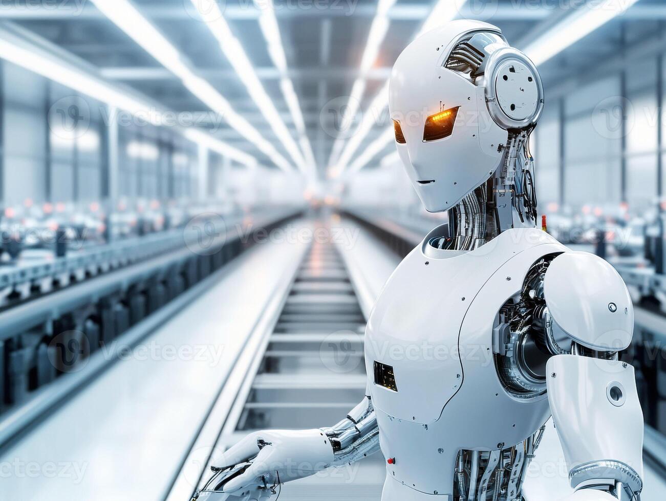 Futuristic robot worker in a high-tech manufacturing facility photo