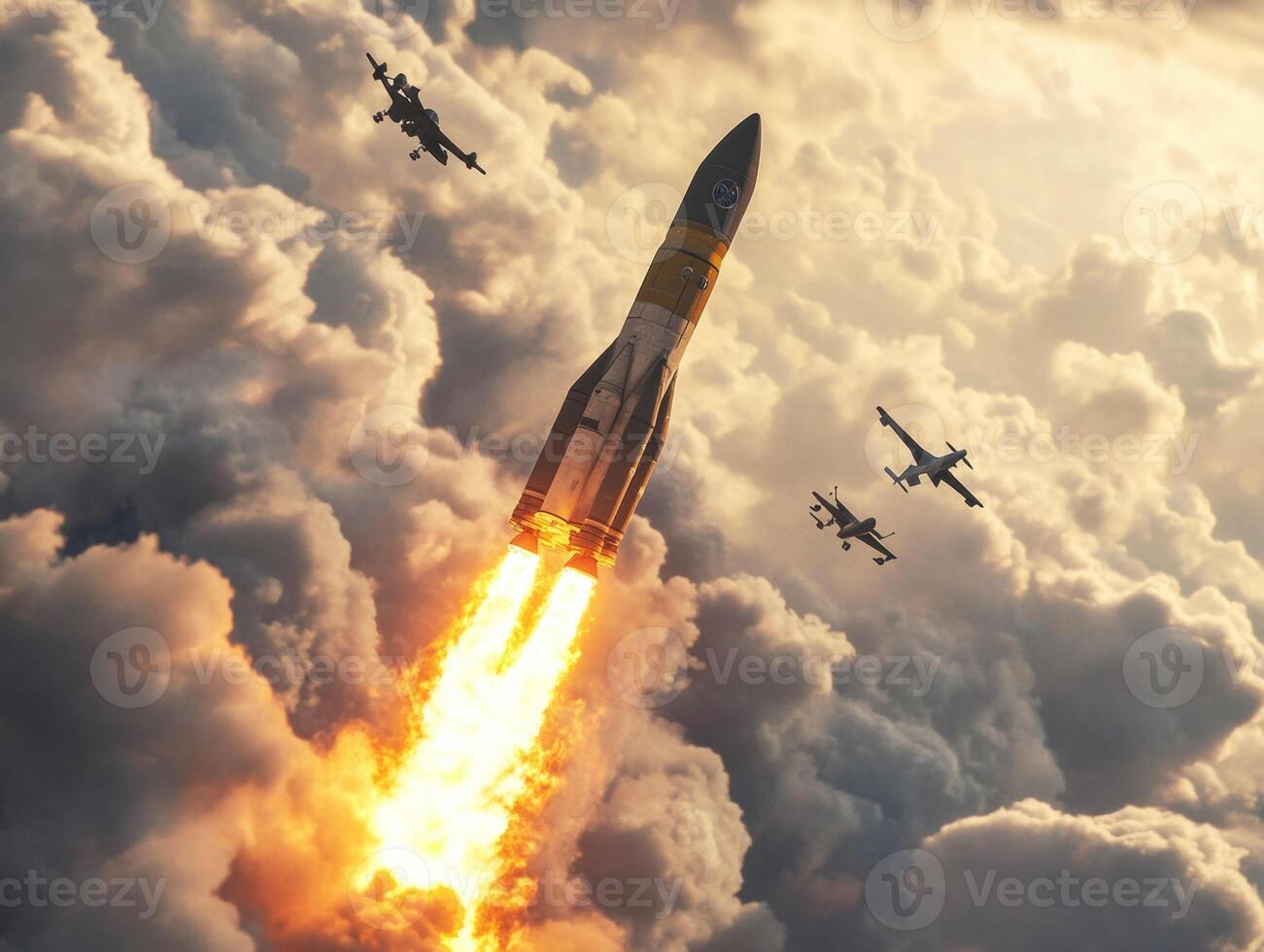 Rocket launching amidst aircraft in dramatic cloudscape photo