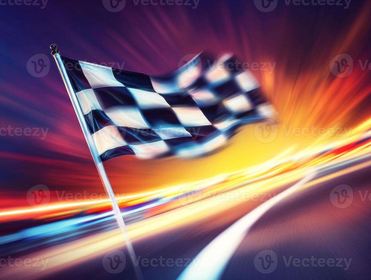 Racing flag waves at sunset signaling the finish line photo