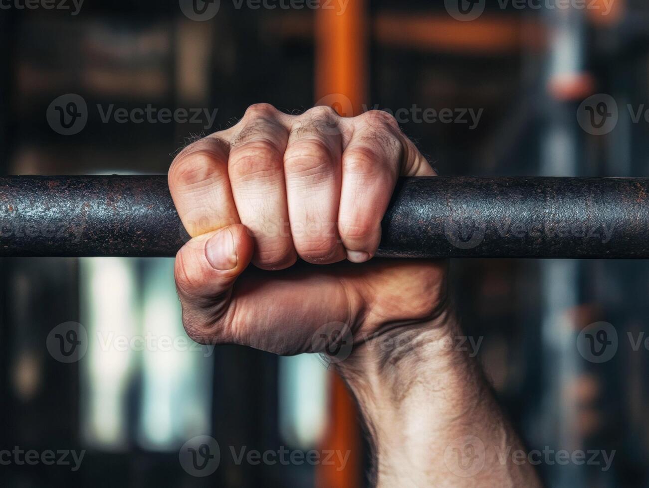 Strong grip on a barbell during weightlifting at a gym photo