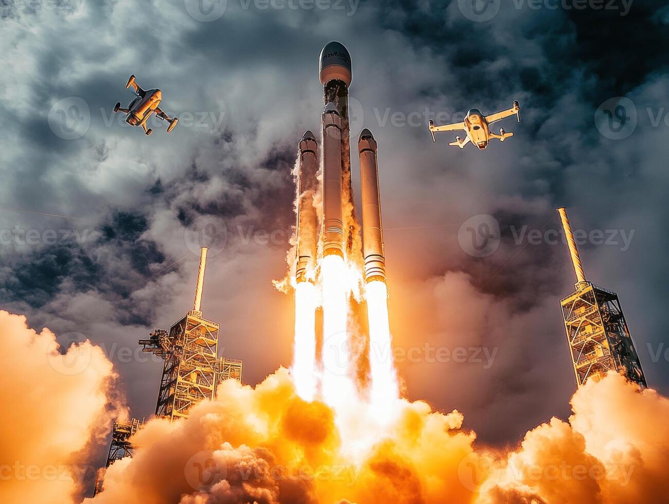 Rocket launch with drones in dramatic cloudy sky photo