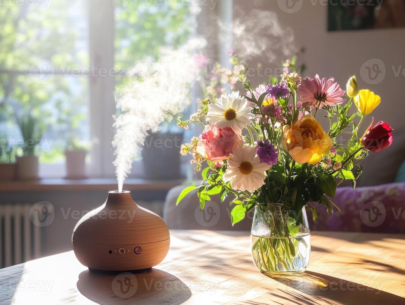 Relaxing atmosphere with essential oil diffuser and fresh flowers photo