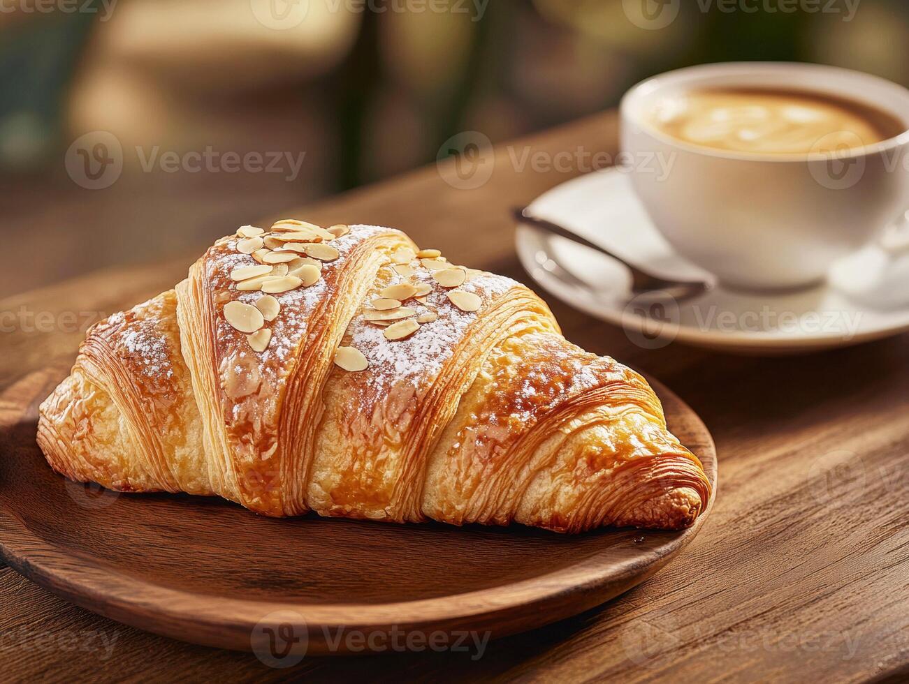 Croissant served with coffee in a cozy cafe setting photo