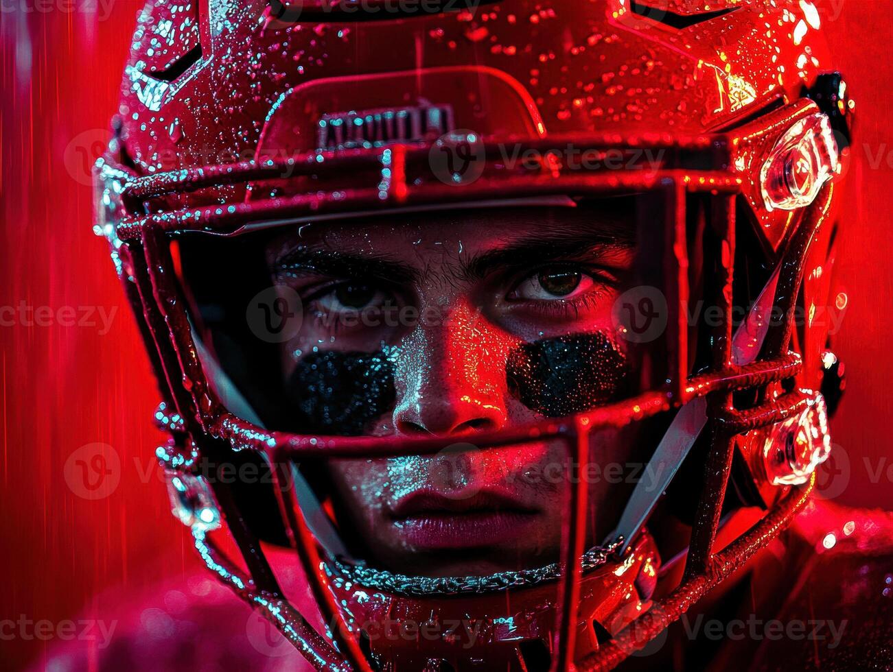 Intense football player focused before a game in heavy rain photo