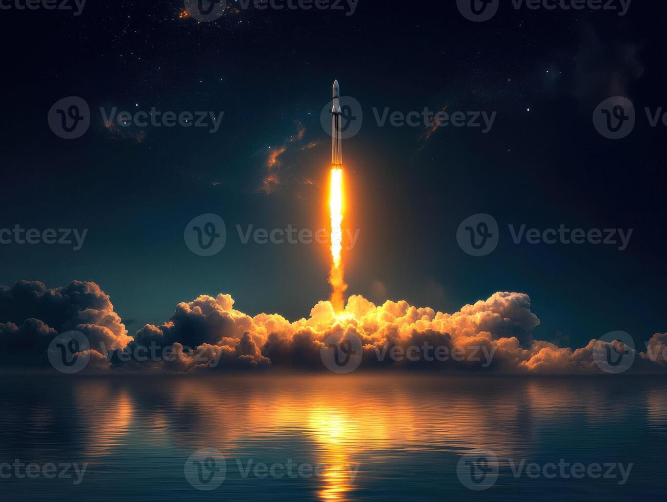 Rocket launch against a starry sky over calm waters photo