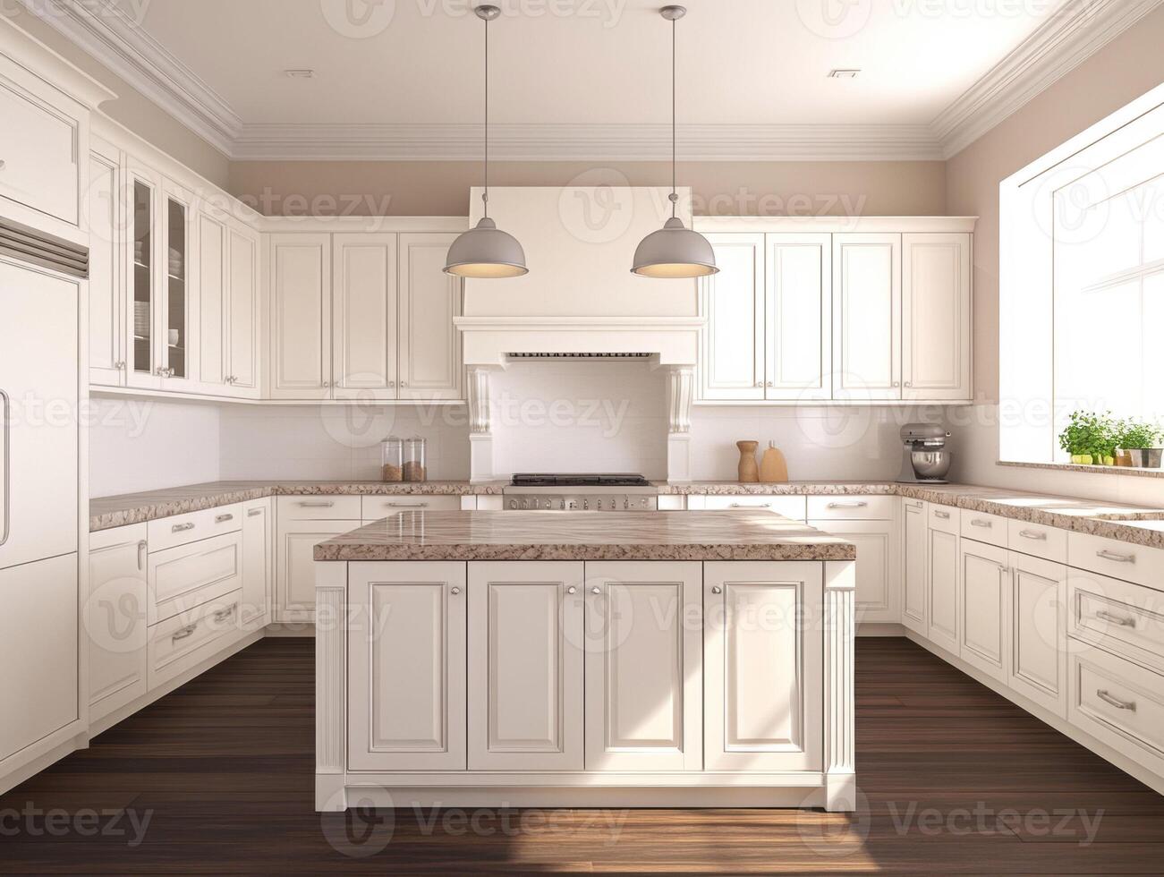 Modern kitchen design with white cabinetry and granite countertops photo