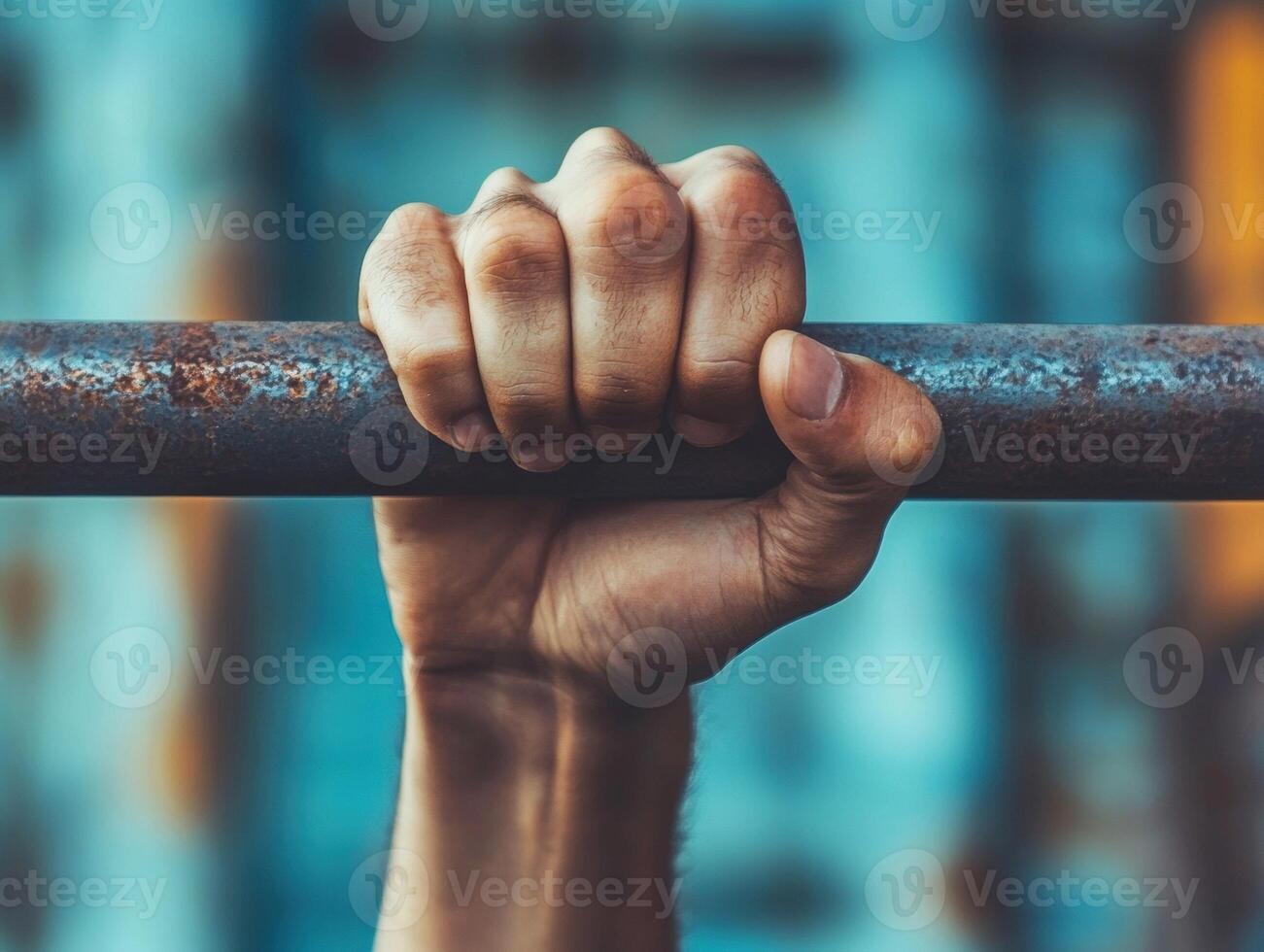 Focused grip on exercise bar during workout session photo
