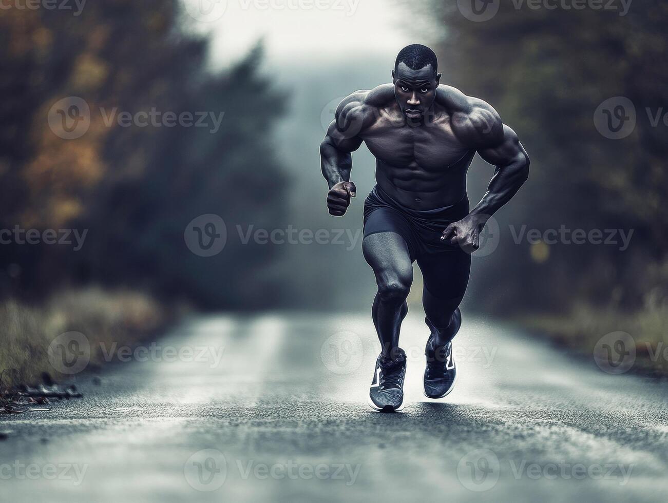 Strong athlete sprints on wet road amidst autumn trees photo