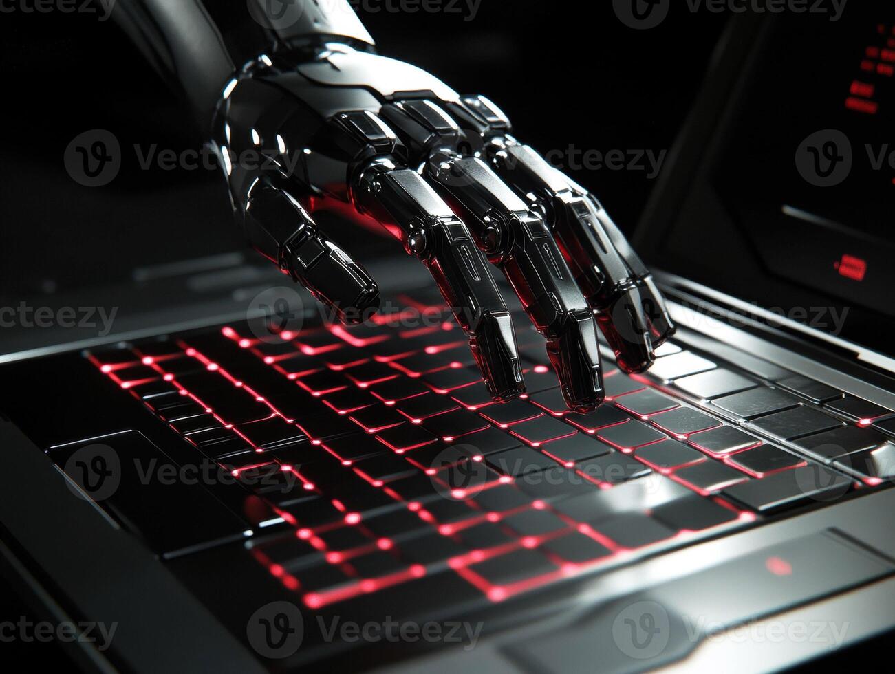 Robotic hand typing on a futuristic keyboard with red lighting photo